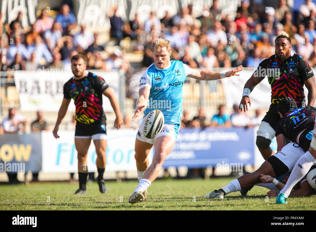 Parme, Italie. 29 Septembre, 2018. Demi de mêlée des balbuzards Aled Davies un coup et sortie en lors du match contre le Zèbre en 5 ronde de Guinness14 2018 PRO 2019©Massimiliano Carnabuci/Alamy live news Banque D'Images