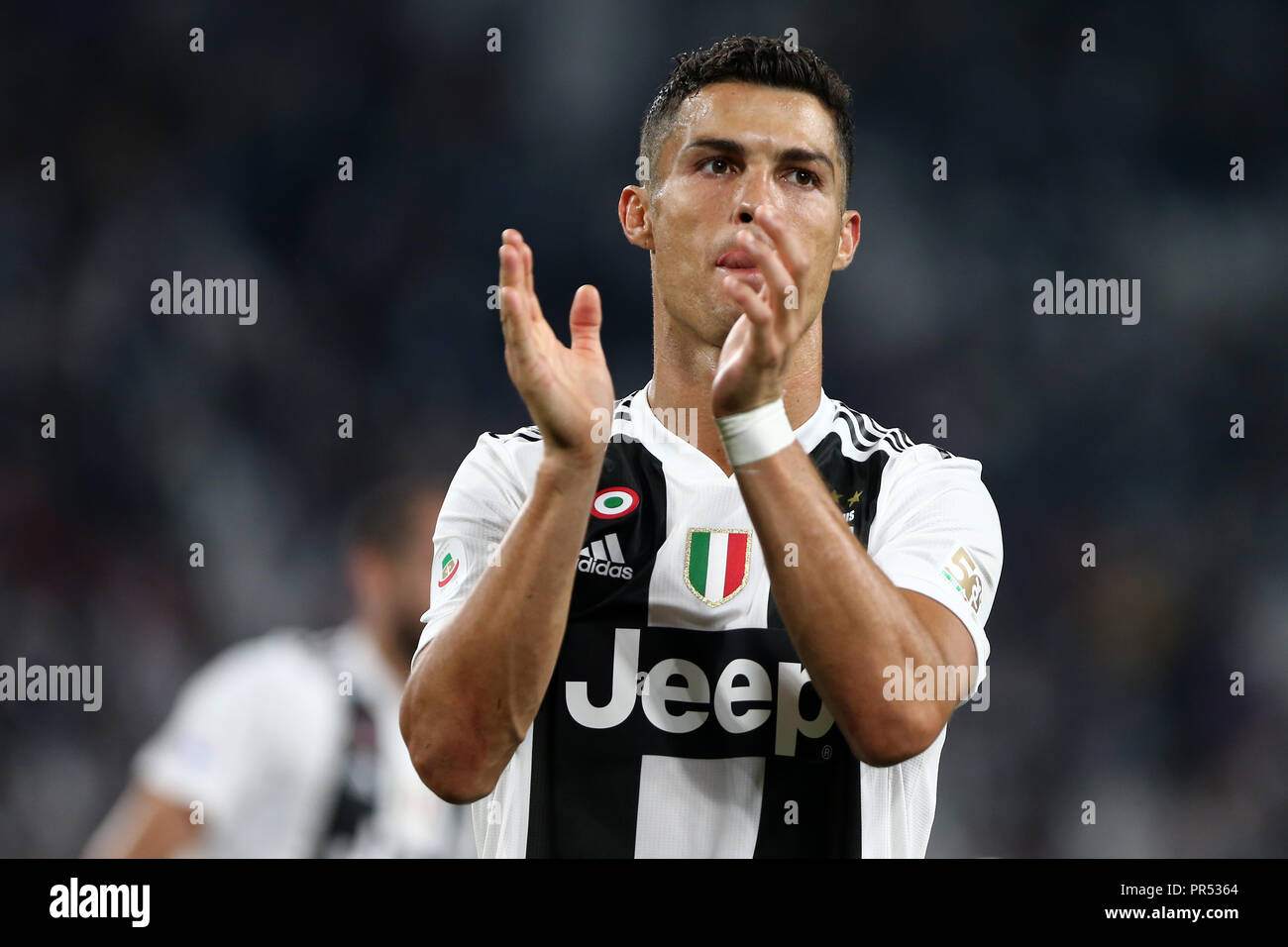 Torino, Italie. 29 septembre 2018. Cristiano Ronaldo de la Juventus FC célèbrent à la fin de la série d'un match de football entre la Juventus et SSC Napoli. Banque D'Images