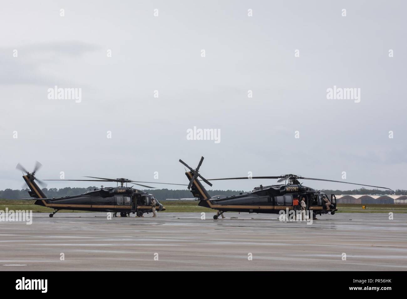 Les opérations aériennes et maritimes en arriver au fort actifs McEntire Joint National Guard Base à Eastover, Caroline du Sud le 16 septembre 2018 à l'appui de l'ouragan Florence soulagement. Banque D'Images