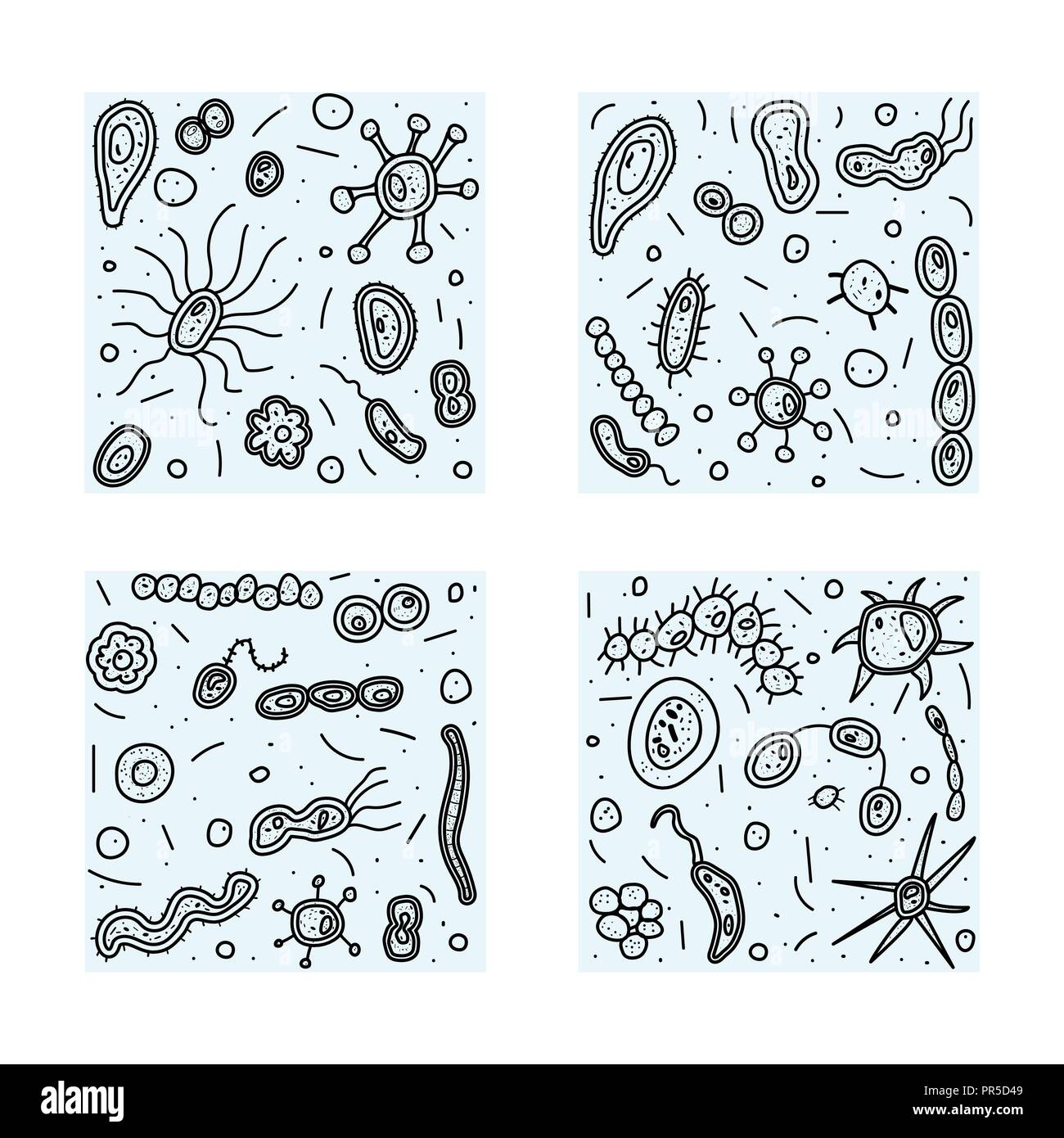 Cellule bactérie square composition. Collection de micro-organismes. Style doodle vecteur composition. Illustration de Vecteur