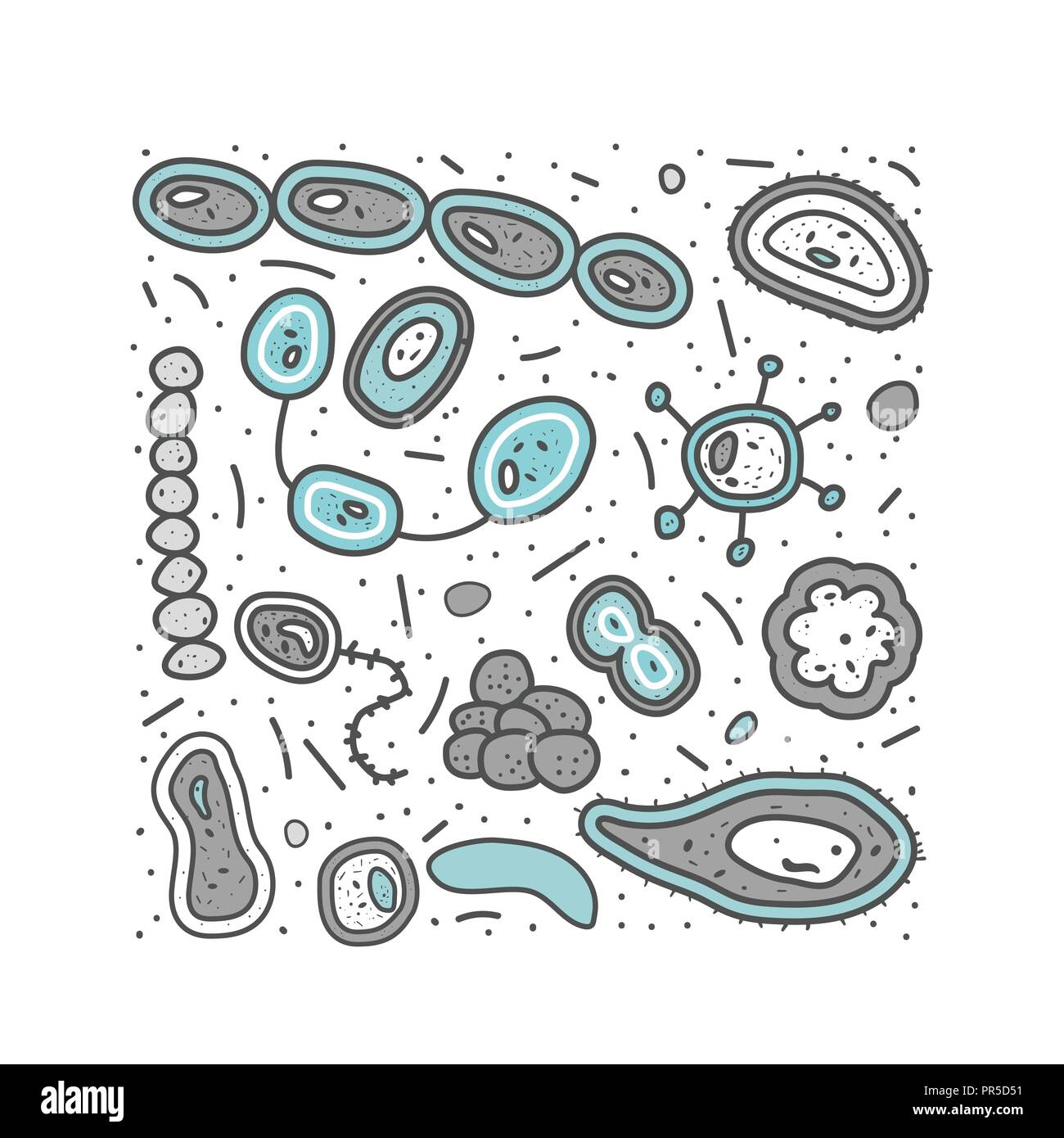 Les cellules des bactéries. Ensemble de la collection de micro-organismes. Style doodle vecteur composition carrée. Illustration de Vecteur