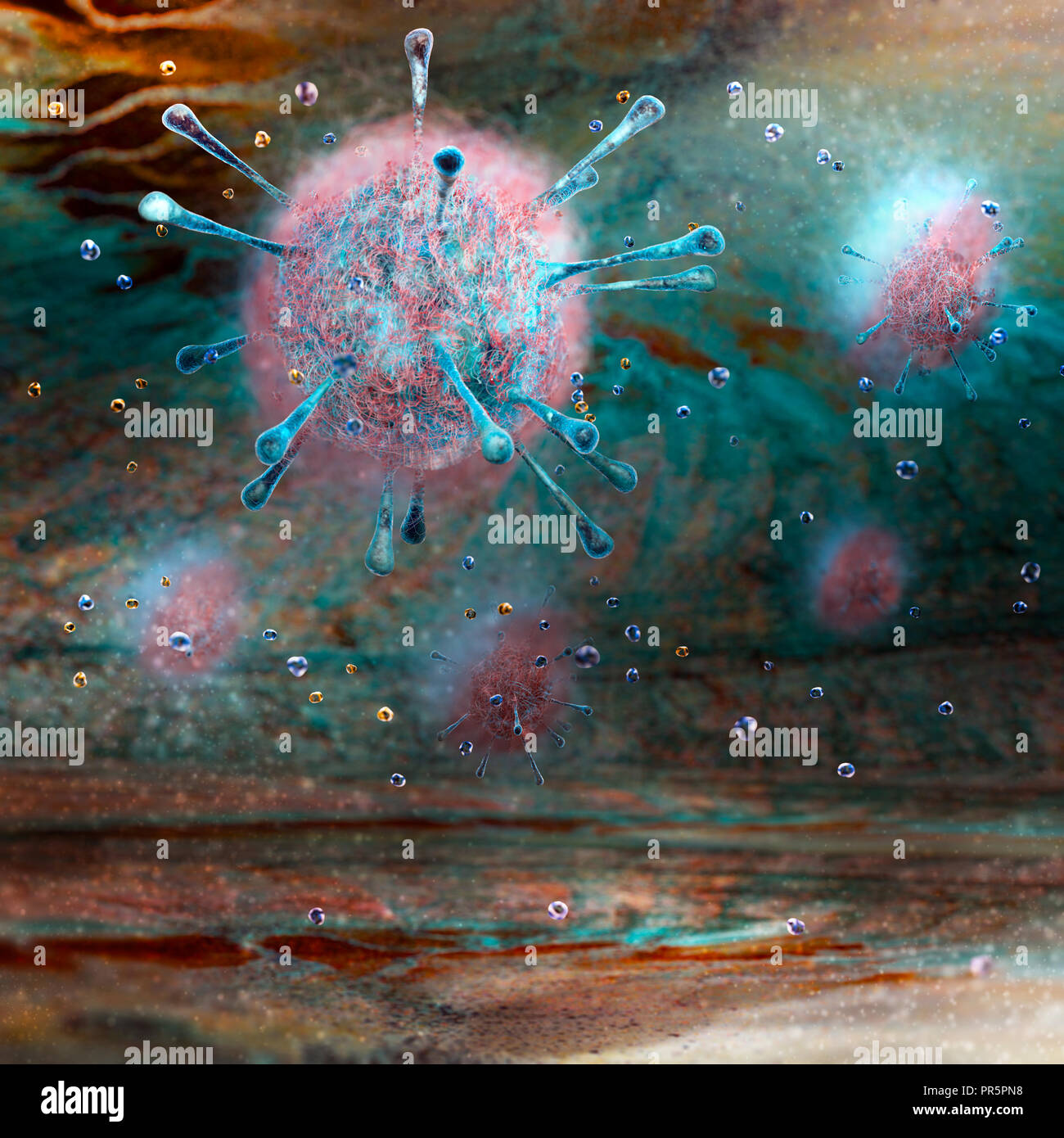 Les virus, micro-organismes, les doubles emplois et la propagation. Formation de bactéries et micro-organismes vu sous un microscope. Le rendu 3D Banque D'Images