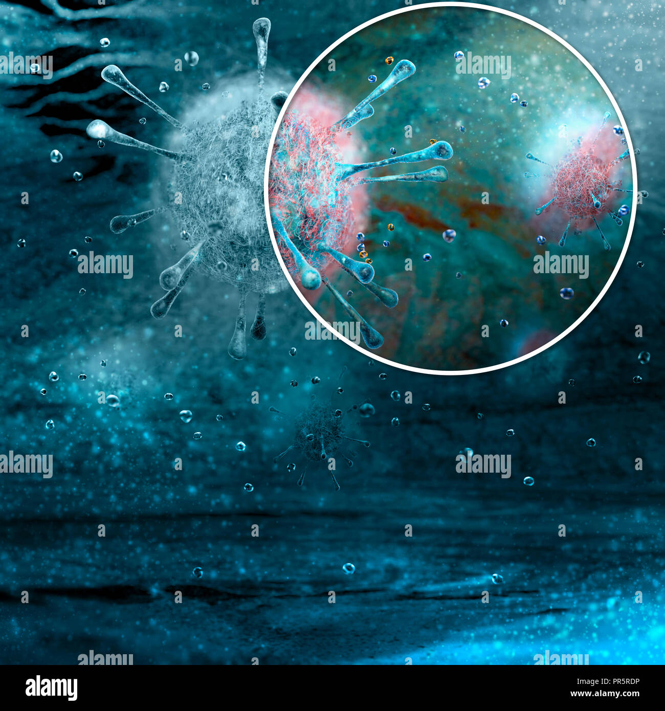 Les virus, micro-organismes, les doubles emplois et la propagation. Formation de bactéries et micro-organismes vu sous un microscope. Le rendu 3D Banque D'Images