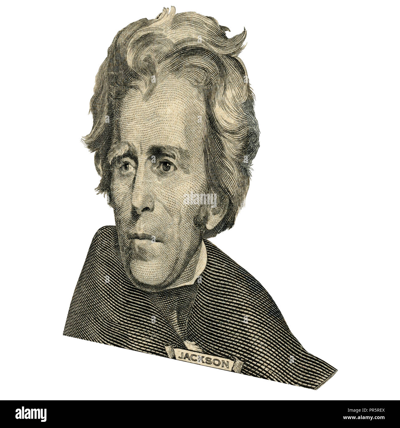 Portrait de l'ancien président américain Andrew Jackson comme il a l'air sur l'avers de vingt dollars. Photo à un angle de 15 degrés. Banque D'Images