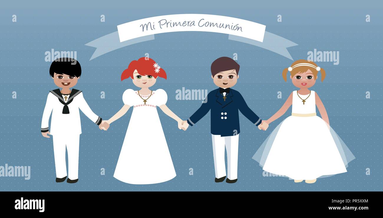 Ma première Communion. Boys&Girls wearing communion clothes holding hands Illustration de Vecteur