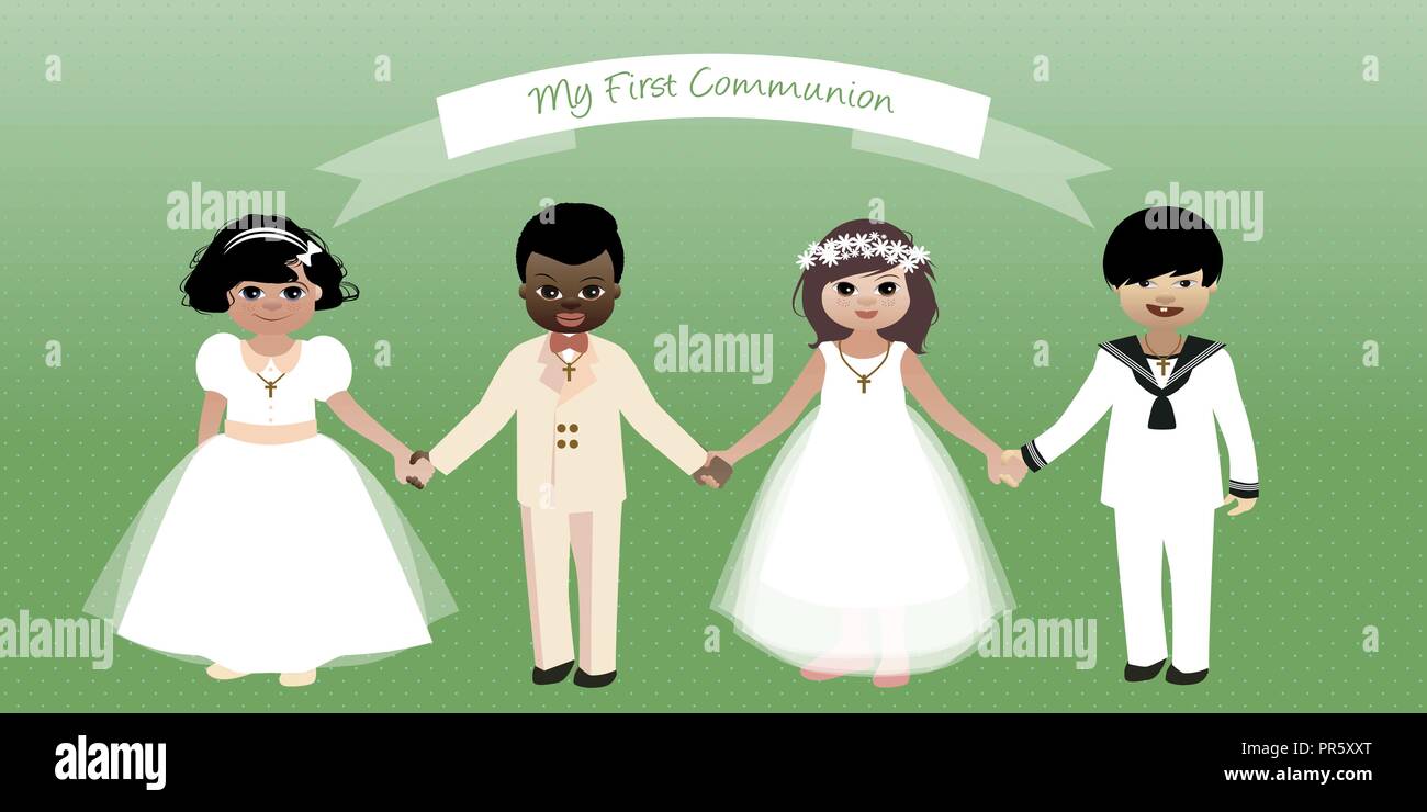 Ma première Communion. Boys&Girls wearing communion clothes holding hands Illustration de Vecteur