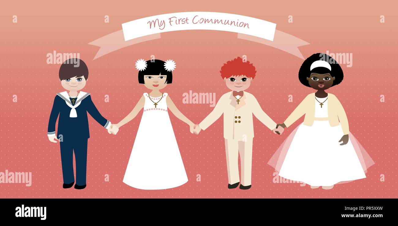 Ma première Communion. Boys&Girls wearing communion clothes holding hands Illustration de Vecteur
