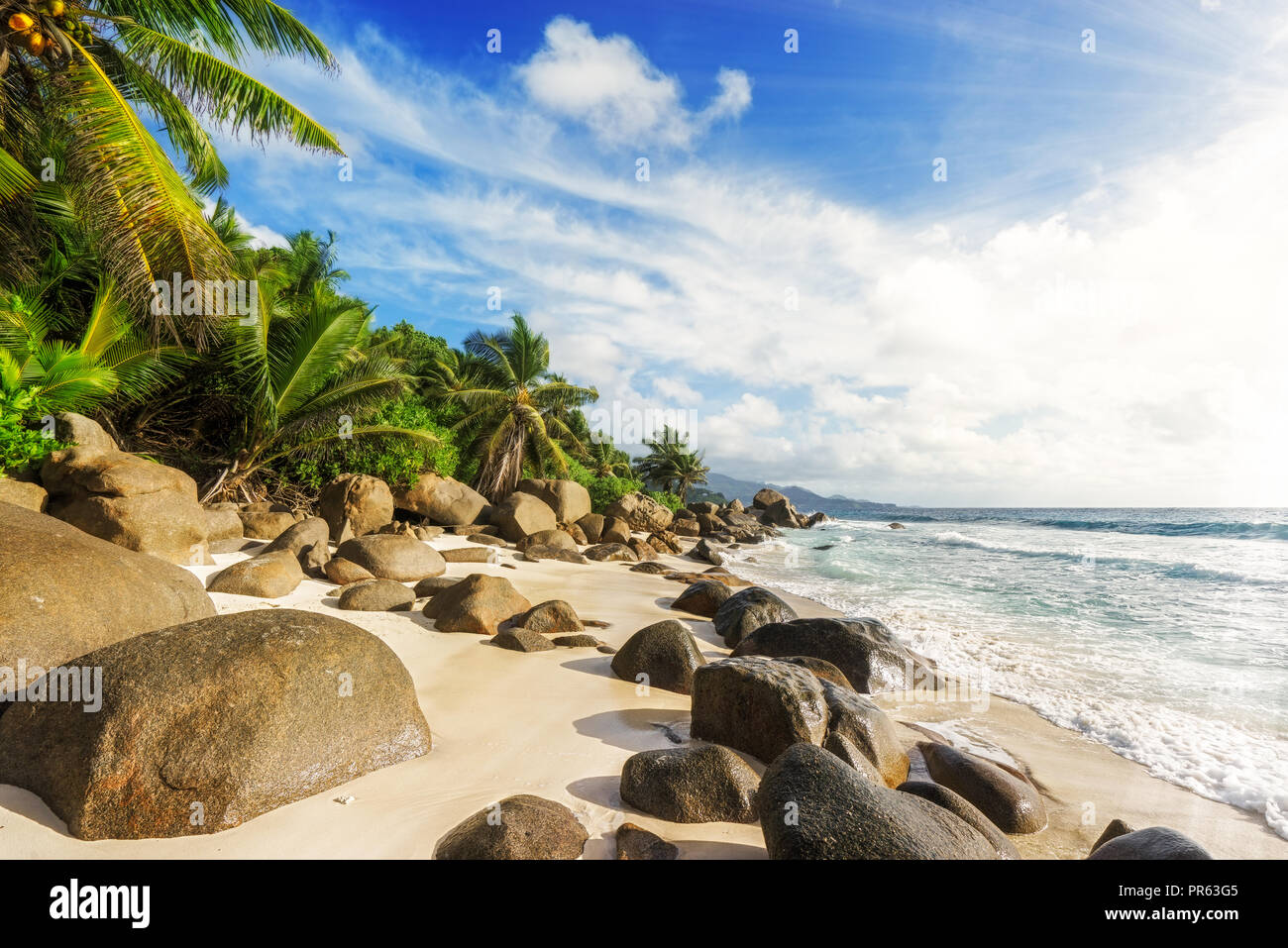 Belle plage tropicale sauvage anse marie-louise de rochers et de palmiers dans le sable des Seychelles Banque D'Images