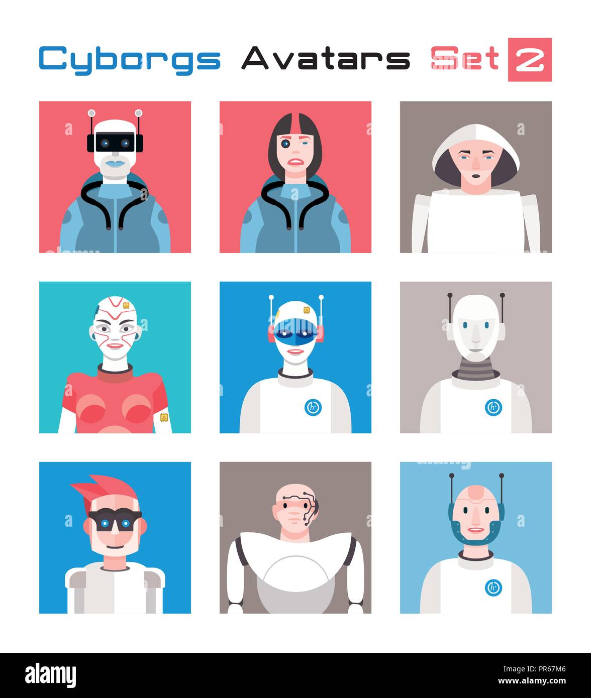Ensemble varié de caractères cyborgs avatars. Imagination et friendly collection colorée de joyeux personnages, qui combinent l'humain et la machine t Illustration de Vecteur