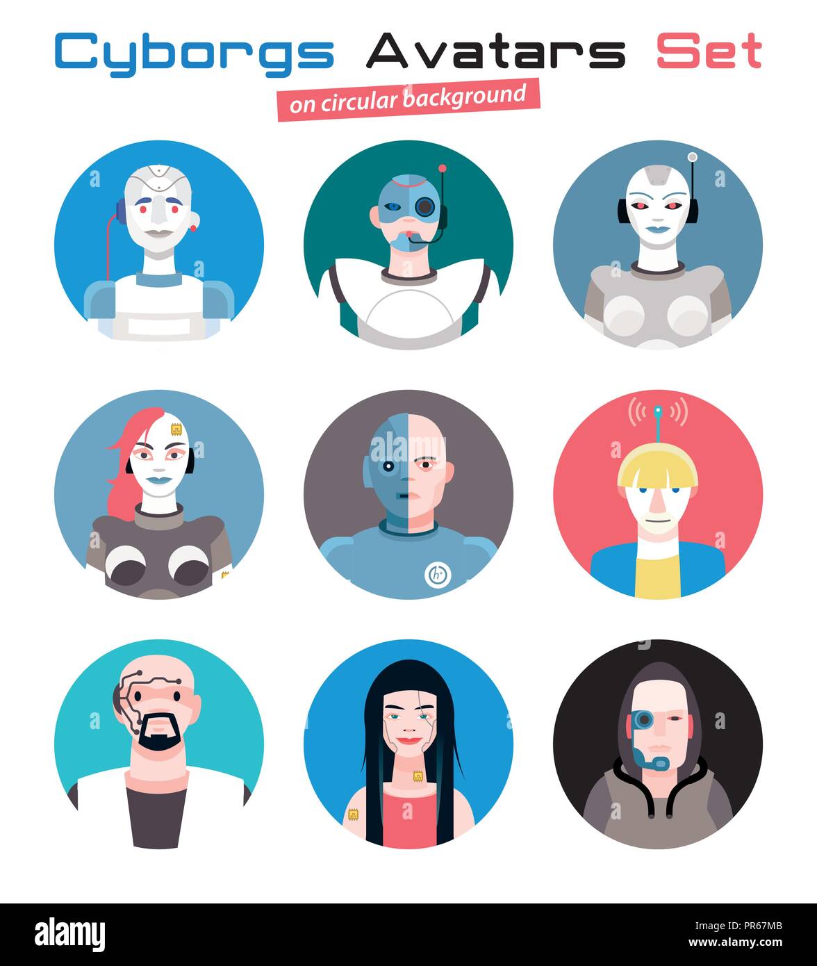 Ensemble varié de cyborgs visages et têtes de caractères utilisés comme des avatars. Imagination et friendly collection colorée de joyeux personnages, qui combinent Illustration de Vecteur