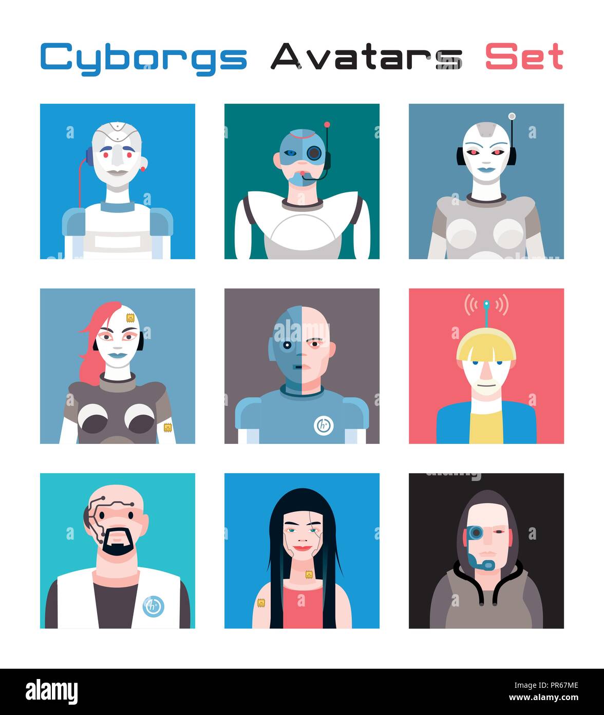 Ensemble varié de cyborgs visages et têtes de caractères utilisés comme des avatars. Imagination et friendly collection colorée de joyeux personnages, qui combinent Illustration de Vecteur