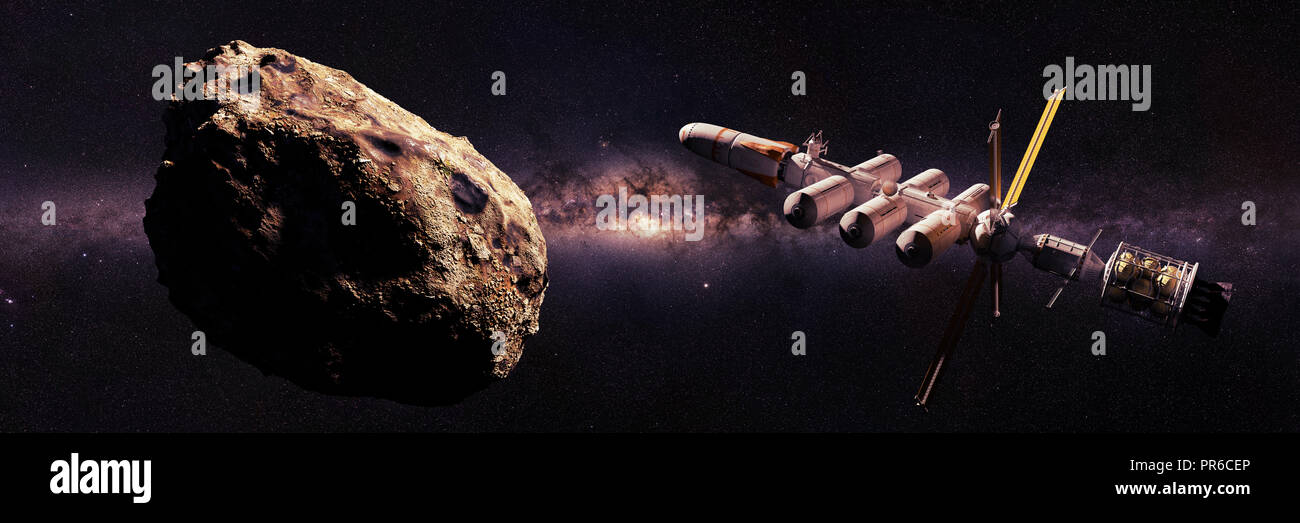 Approche de vaisseau astéroïde, planète naine, la mission d'exploration de l'espace lointain (science-fiction 3d illustration bannière) Banque D'Images