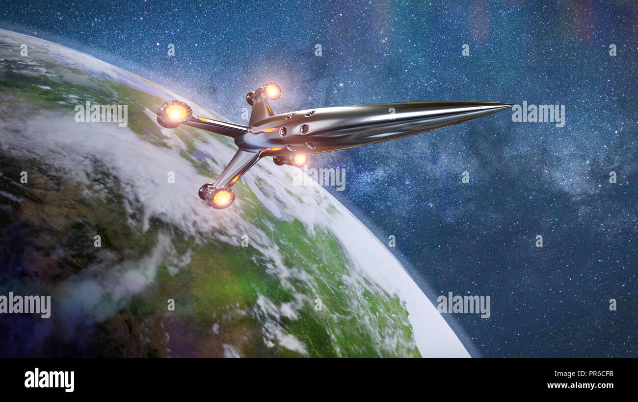 Spaceship quitter la planète Terre, les engins spatiaux en orbite approche Banque D'Images