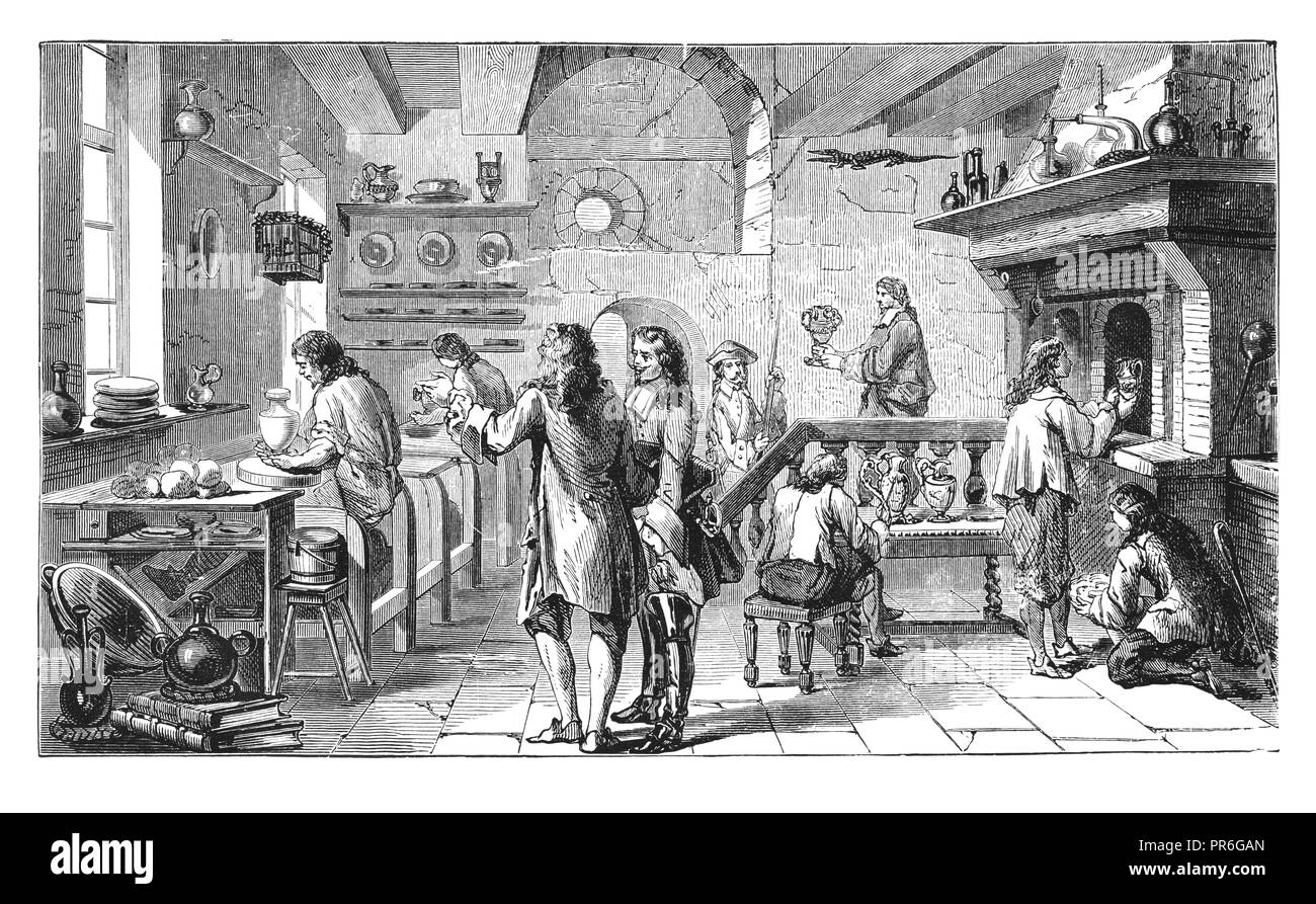 19-ème siècle illustration de l'atelier en Albrehtsburg Bottger, Allemagne - célèbre lieu où la Chine de Meissen (dur-pâte porcelaine) a été manuctured Banque D'Images