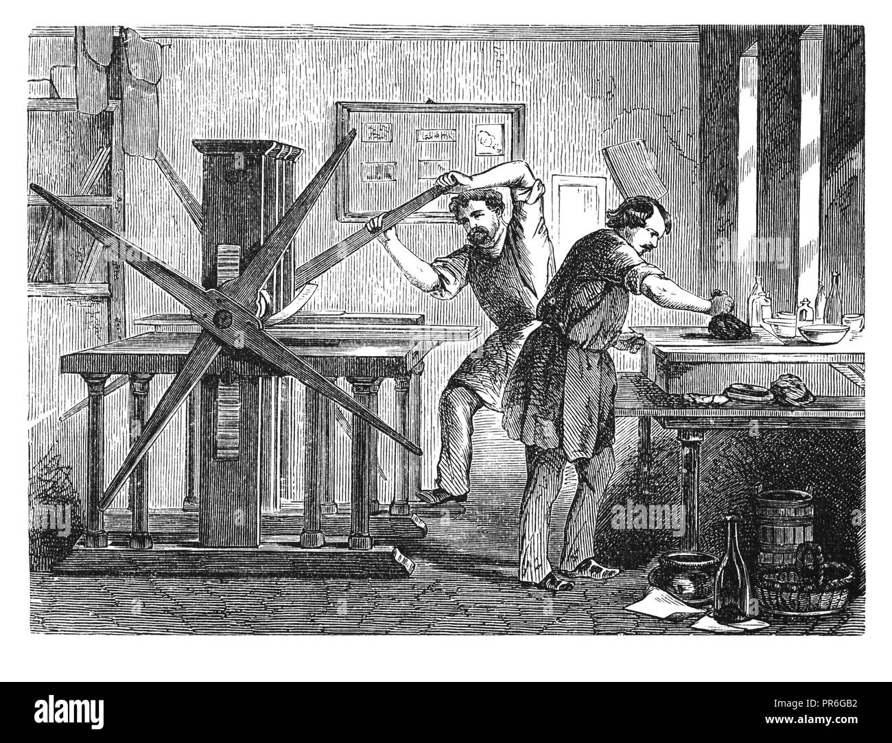 19-ème siècle Illustration d'un atelier d'impression en laiton. Publié dans Novoveki obrtu, Izumi u znanosti i umjetnosti par dr. Bogoslav Sulek, dr. Mijo Ki Banque D'Images