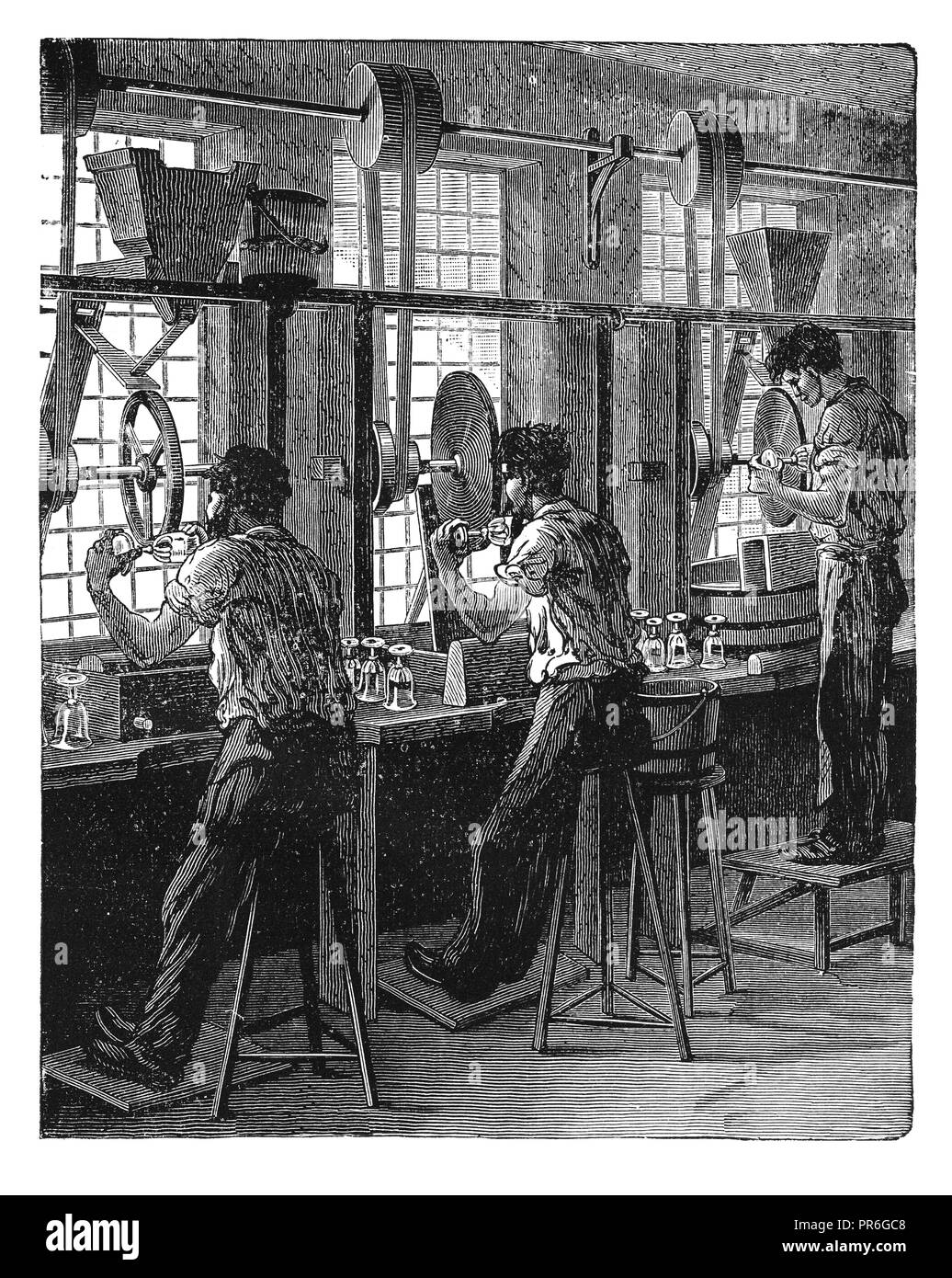 illustration du 19 ème siècle d'un processus de meulage du verre. Publié dans Novoveki Izumi u znanosti, obrtu i umjetnosti par dr. Bogoslav Sulek Banque D'Images