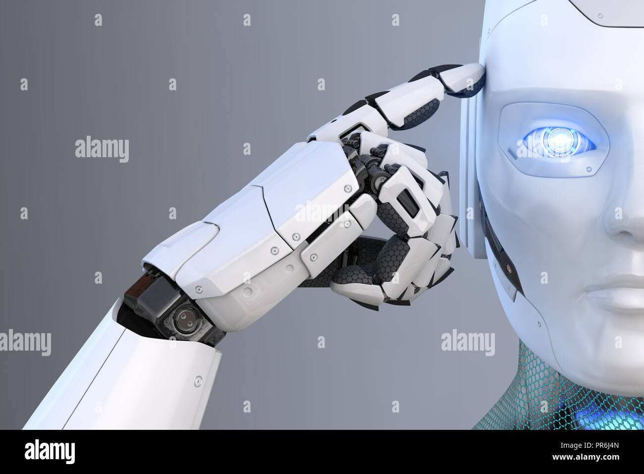 Robot est titulaire d'un doigt près de la tête. 3D illustration Banque D'Images