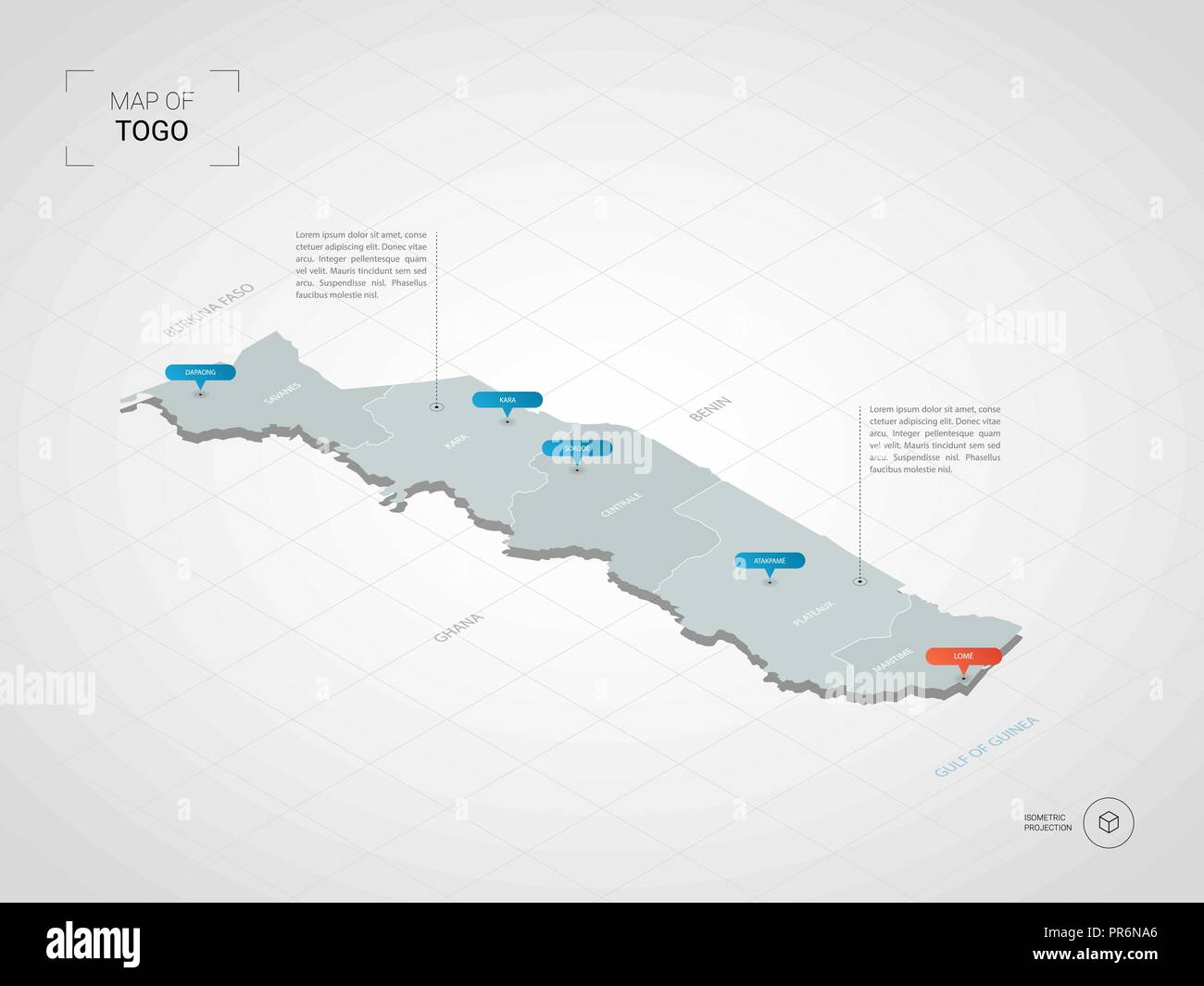 3D isométrique du Togo. Carte vectorielle illustration stylisée avec les villes, les frontières, les capitaux, les divisions administratives et marques ; pointeur gradient backgroun Illustration de Vecteur