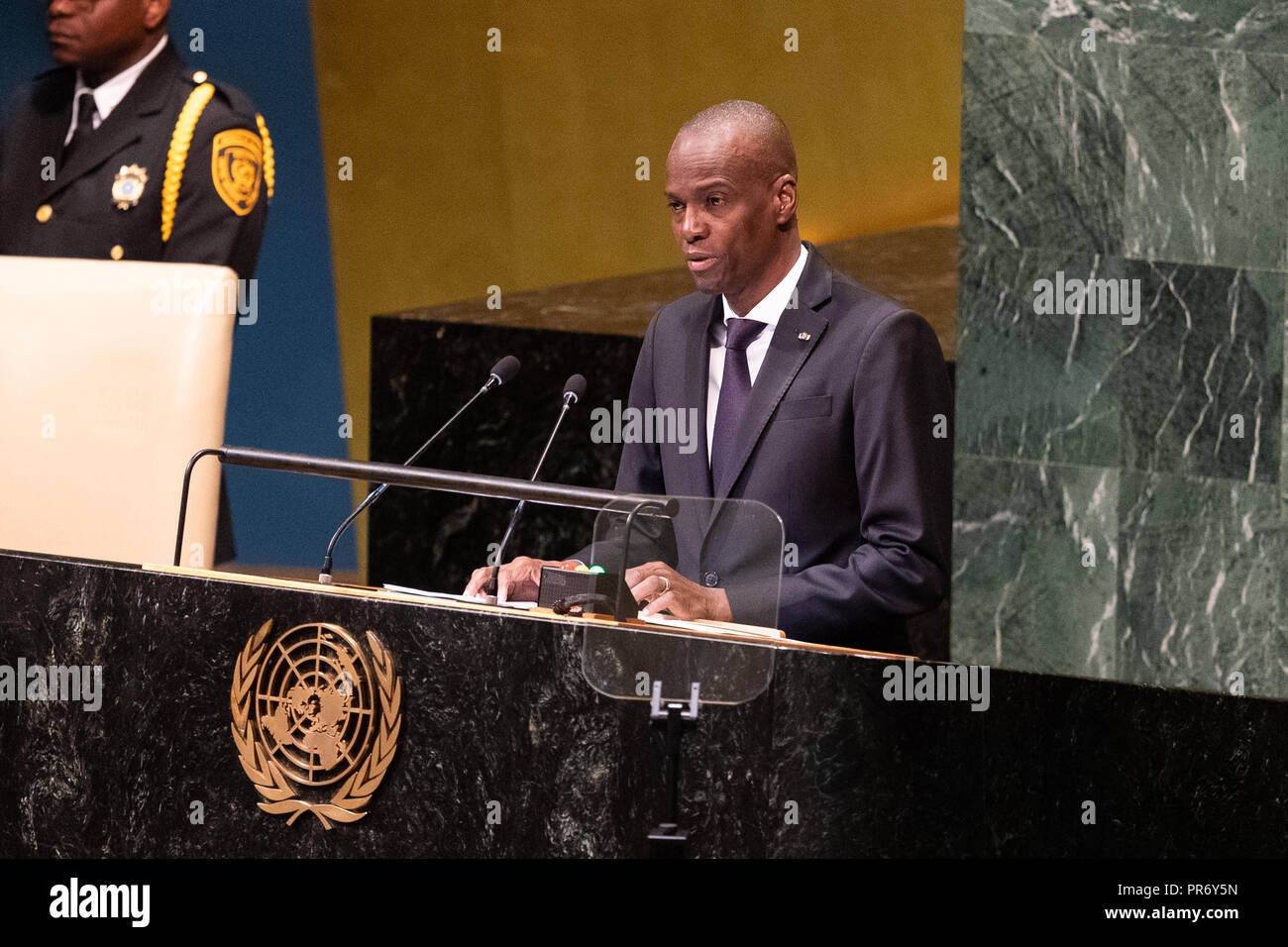 Joseph Jovenel, président d'Haïti vu parler à l'Assemblée générale des Nations Unies Débat général de l'Organisation des Nations Unies à New York. Banque D'Images