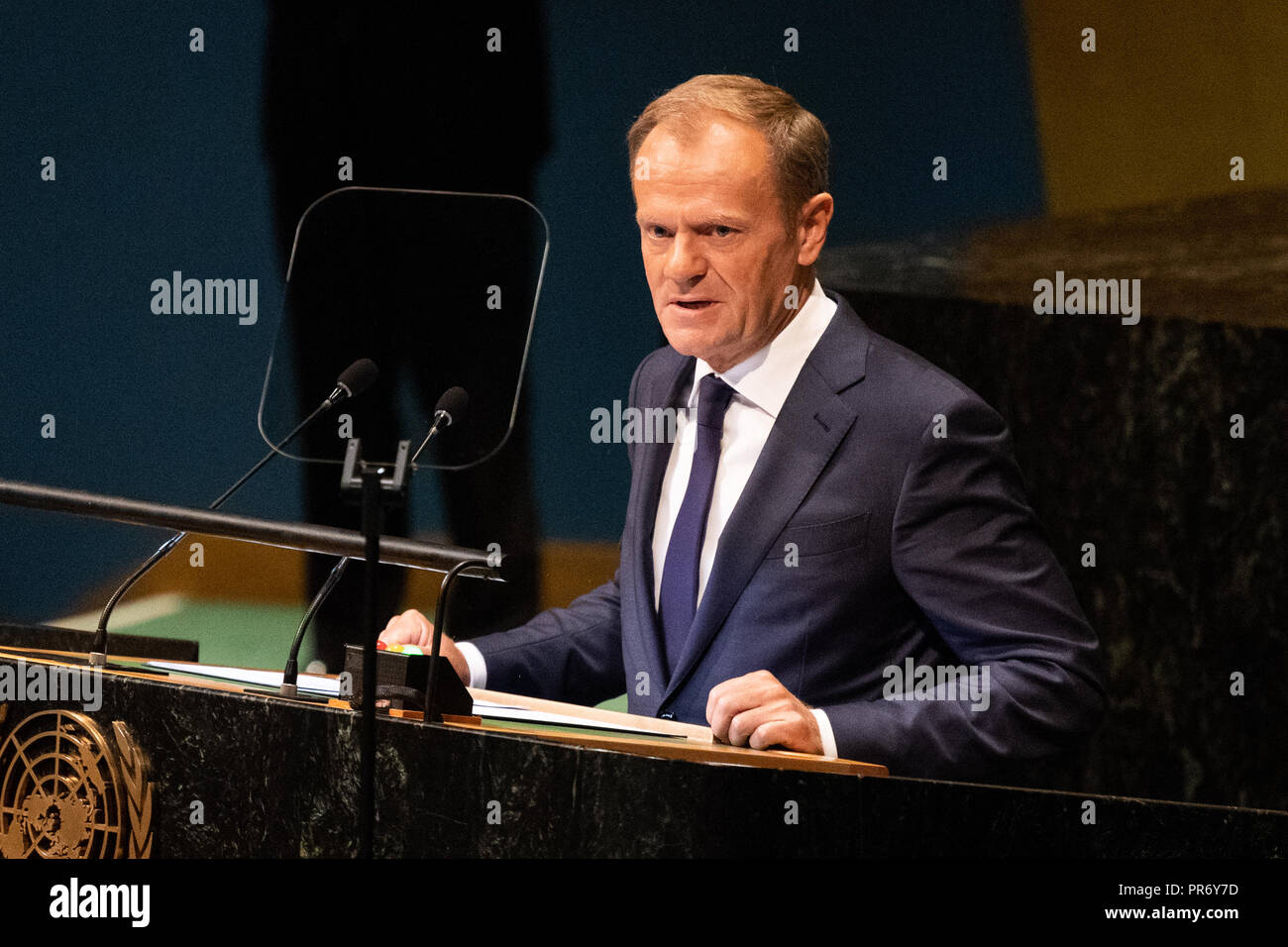 Donald Tusk, Président du Conseil européen a vu s'exprimant lors de l'Assemblée générale des Nations Unies Débat général de l'Organisation des Nations Unies à New York. Banque D'Images