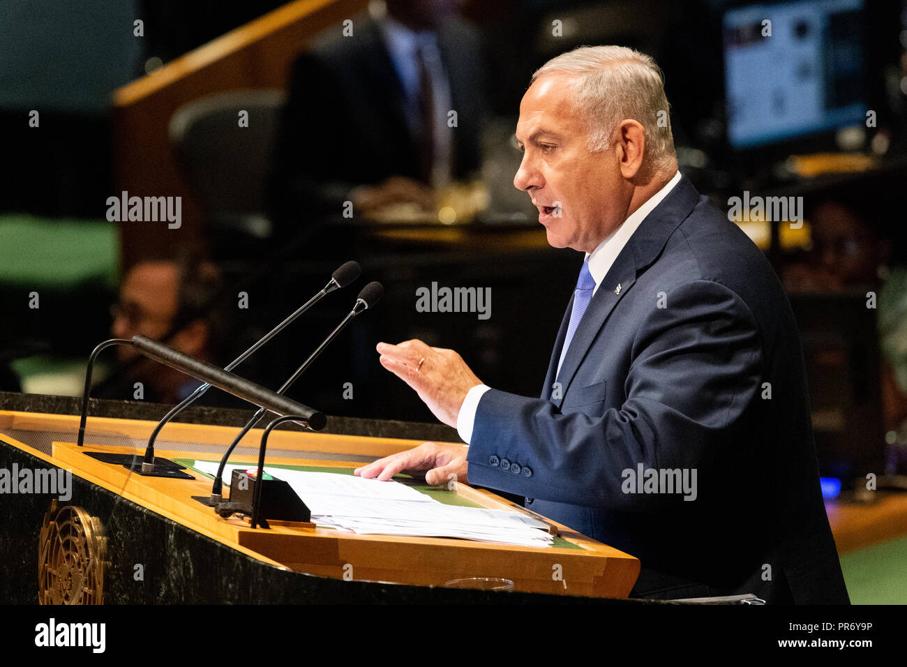 Benjamin Netanyahu, Premier Ministre d'Israël vu parler à l'Assemblée générale des Nations Unies Débat général de l'Organisation des Nations Unies à New York. Banque D'Images