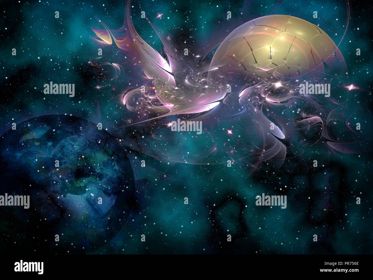La représentation abstraite de l'Univers et les galaxies stellaires avec les planètes et les objets spatiaux. Banque D'Images