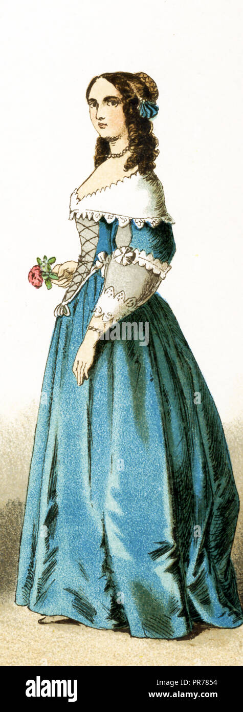 La figure représentée ici est une dame de la cour au 17ème siècle, plus précisément entre 1600 et 1670. L'illustration dates à 1882. Banque D'Images