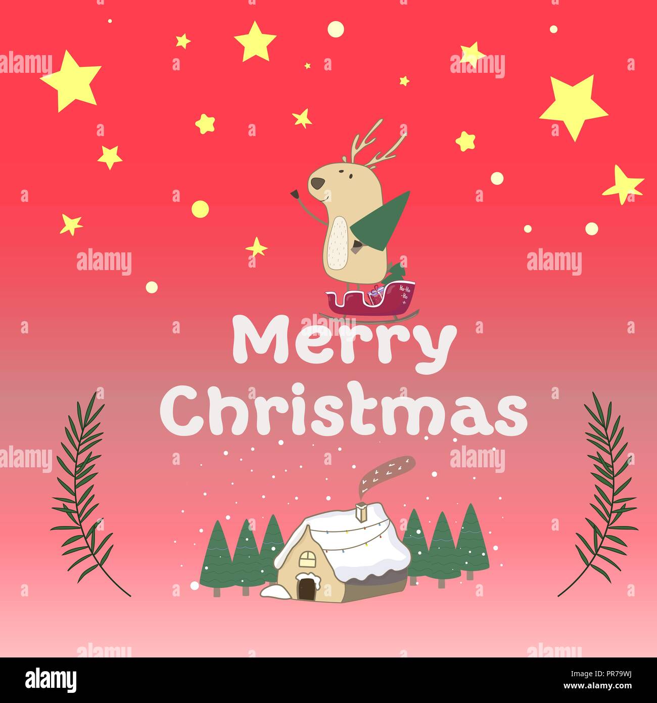 Ok computer house carte drôle Deer étoile et la neige. Sweet home. Fond dégradé rouge avec des maisons en pain d'épice, bonbons, Illustration de Vecteur
