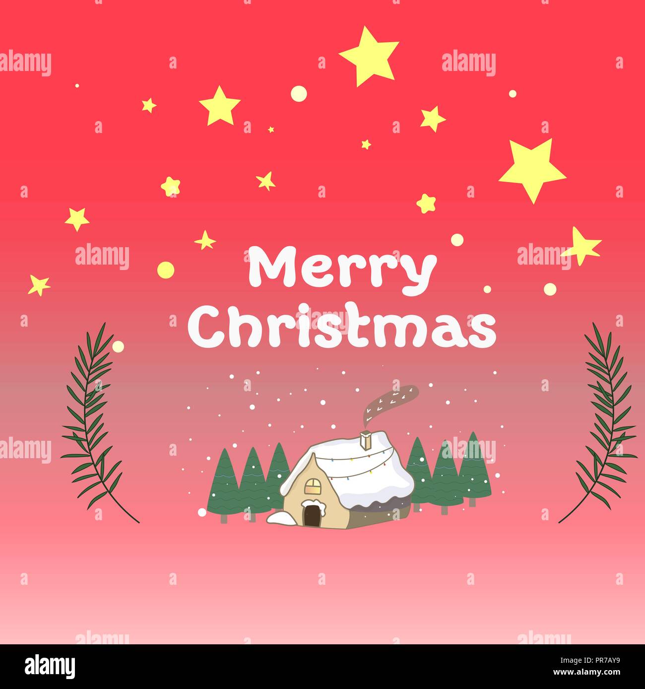 Ok computer house carte drôle Deer étoile et la neige. Sweet home. Fond dégradé rouge avec des maisons en pain d'épice, bonbons, Illustration de Vecteur