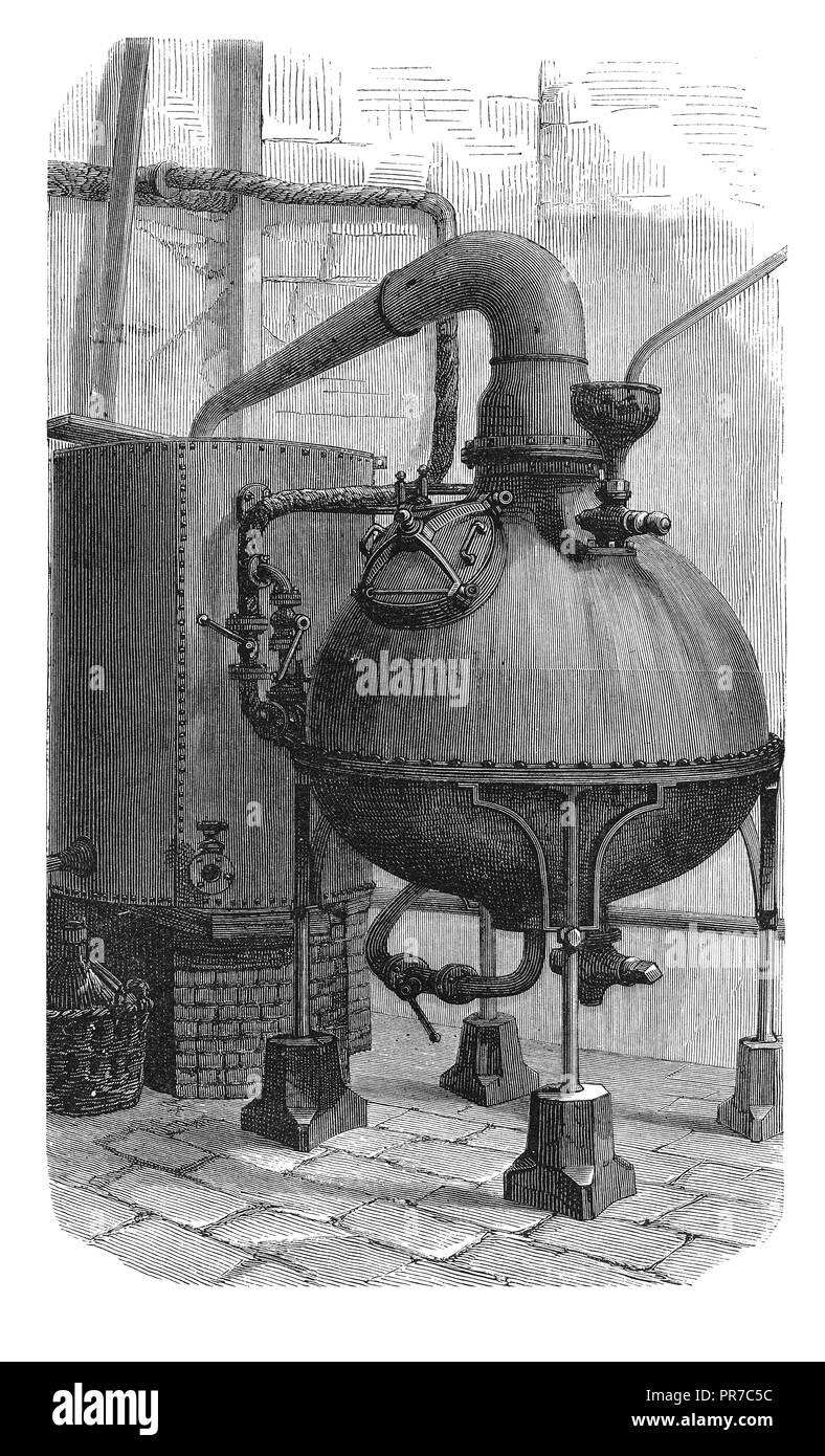 19ème siècle Illustration d'un appareil à distiller. Publié dans "Le Magazine pratique, An Illustrated Cyclopedia de nouvelles inventions industrielles, un Banque D'Images