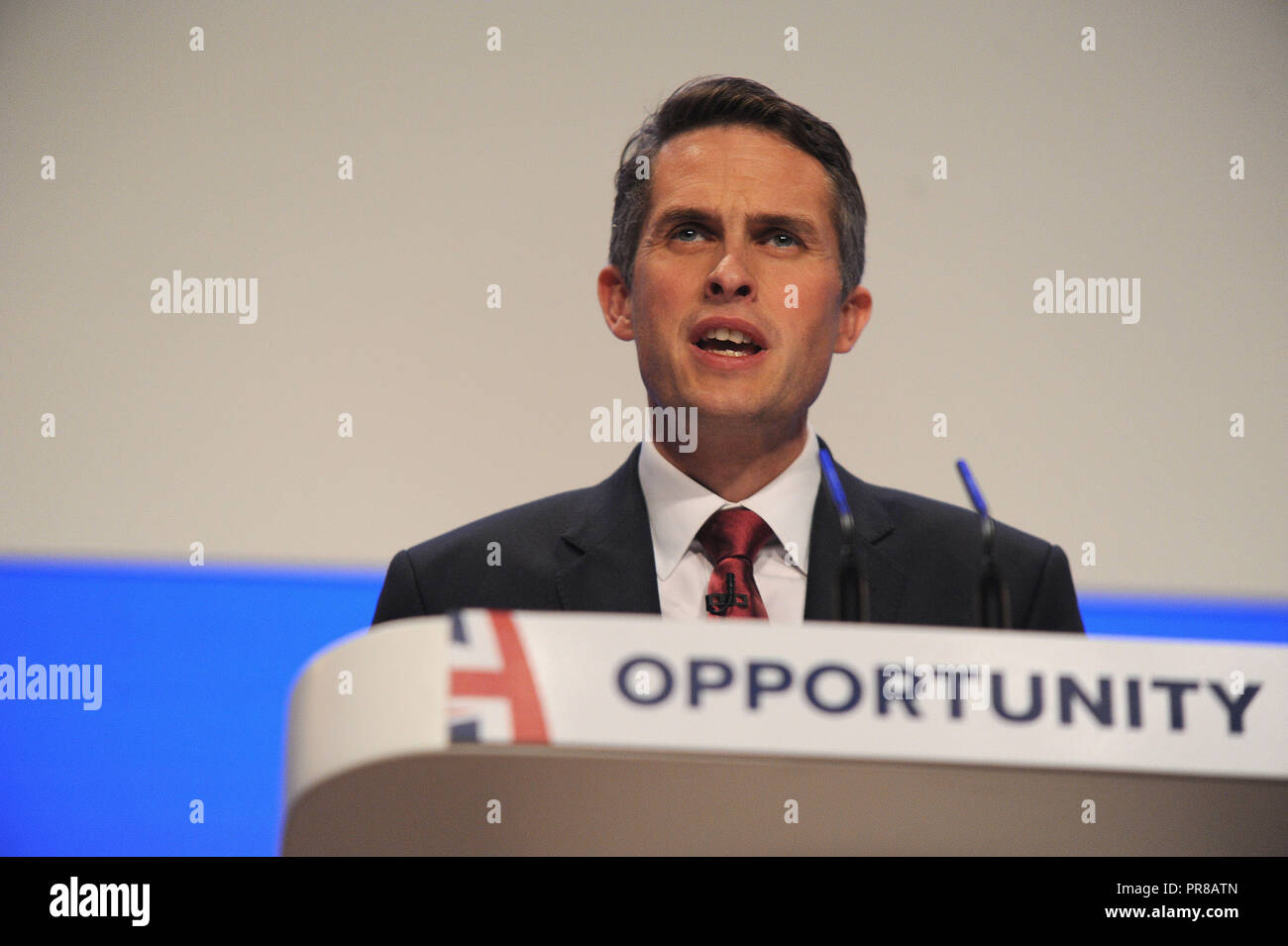 Birmingham, UK. 30 Septembre, 2018. Gavin Williamson MP, Secrétaire d'État à la défense, offre son discours à la conférence sur l'ouverture de la session de la première journée de la conférence annuelle du parti conservateur à la CPI. Kevin Hayes/Alamy Live News Banque D'Images