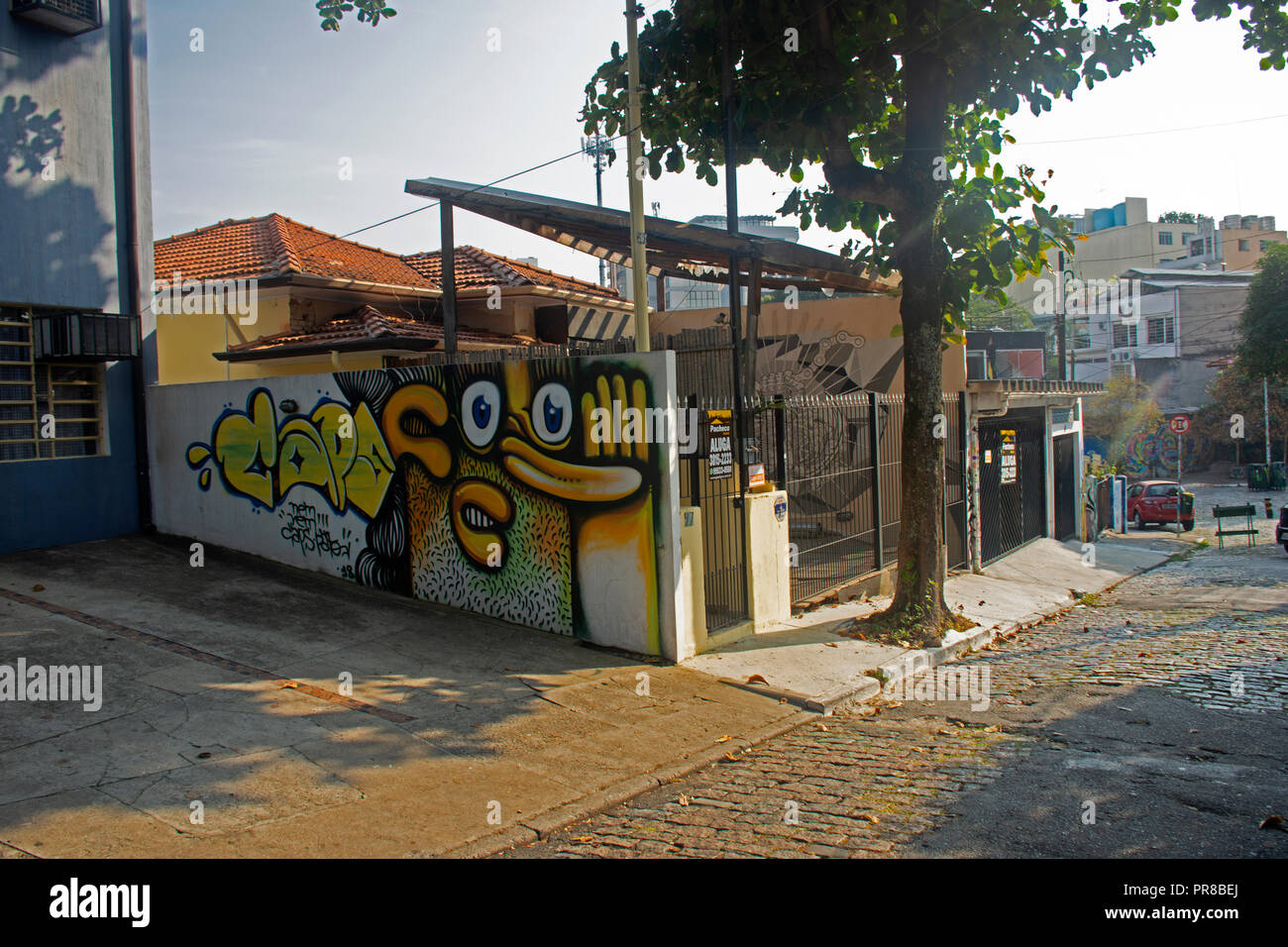 Street art dans une ruelle à Beco do Batman, célèbre quartier bohème Vila Madalena, Sao Paulo, Brésil Banque D'Images