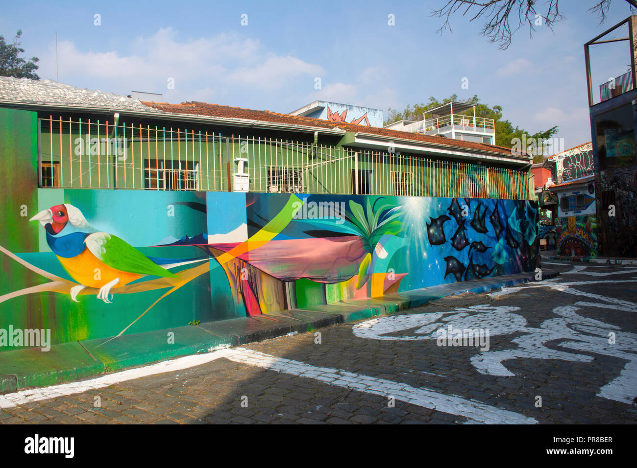 Peinture murale de la rue par l'artiste numérique Nove Organico dans une ruelle à Beco do Batman, célèbre quartier bohème Vila Madalena, Sao Paulo, Brésil Banque D'Images