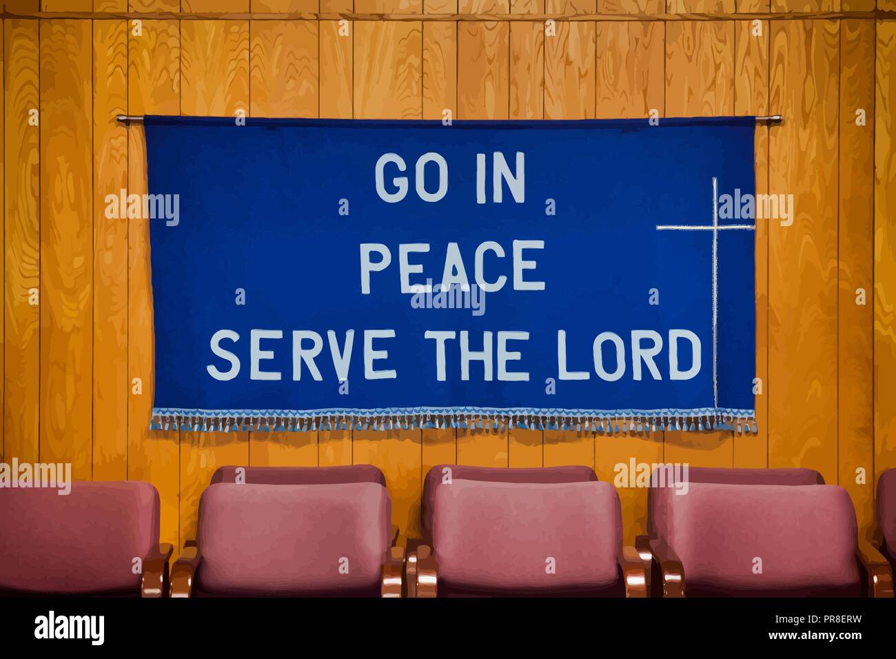 'Allez en paix servir le Seigneur' écrit sur drap bleu foncé avec une croix blanche sur le côté droit, glands tout au long de la partie inférieure de la toile. Illustration de Vecteur