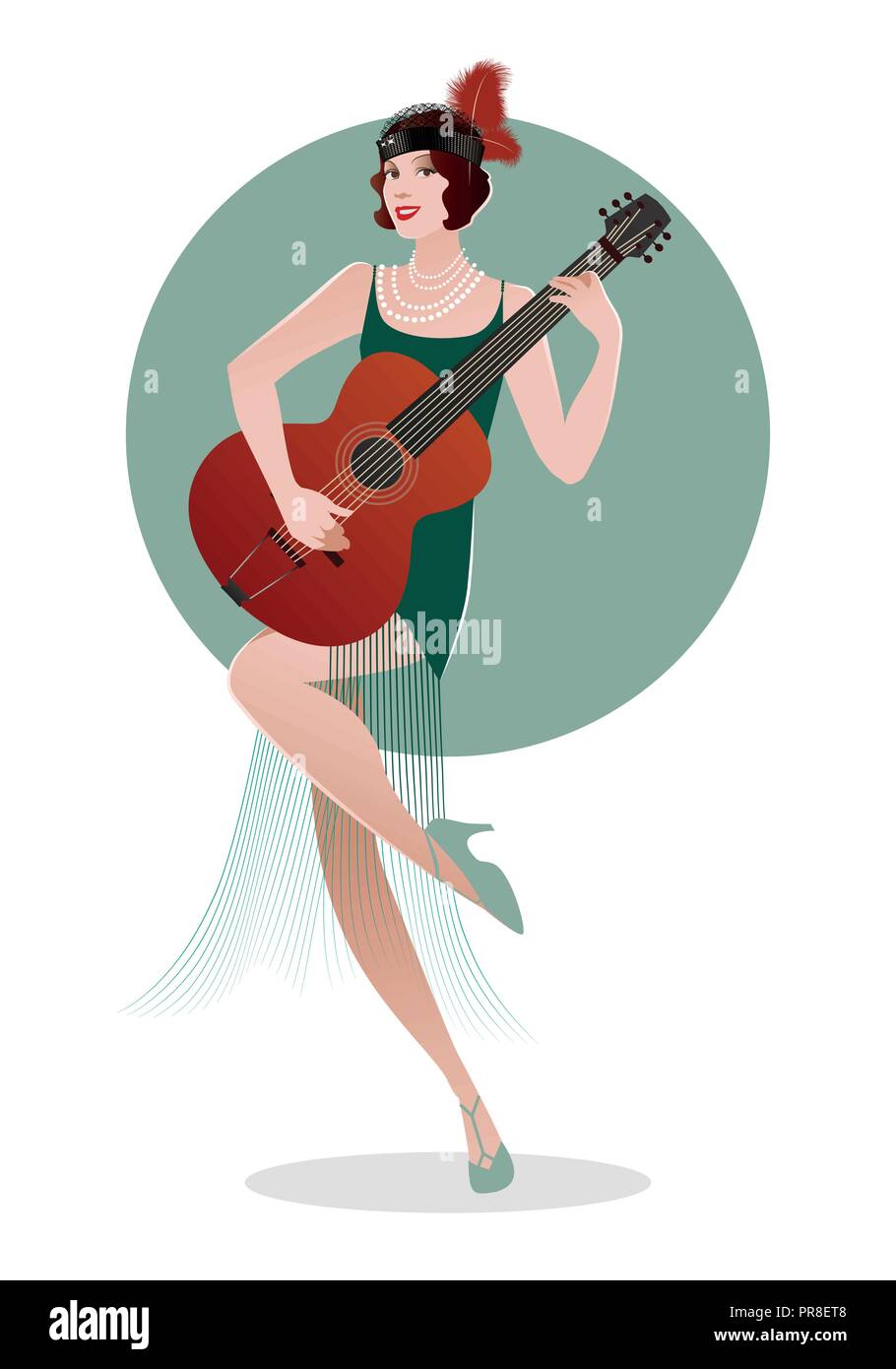 Flapper girl vêtue de vêtements des années 20, jouer de la guitare Illustration de Vecteur