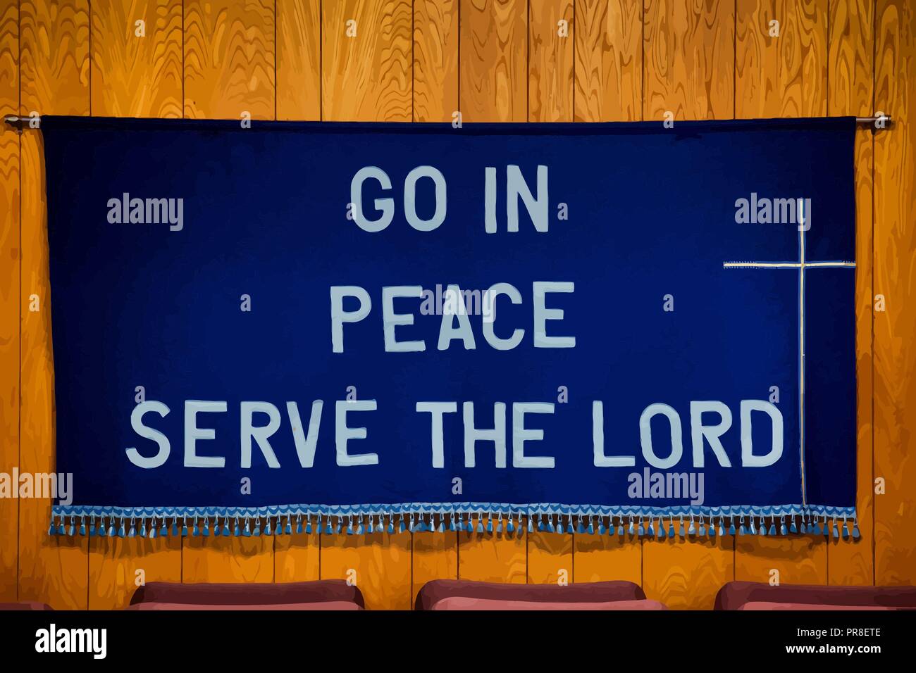 'Allez en paix servir le Seigneur' écrit sur drap bleu foncé avec une croix blanche sur le côté droit, glands tout au long de la partie inférieure de la toile. Illustration de Vecteur