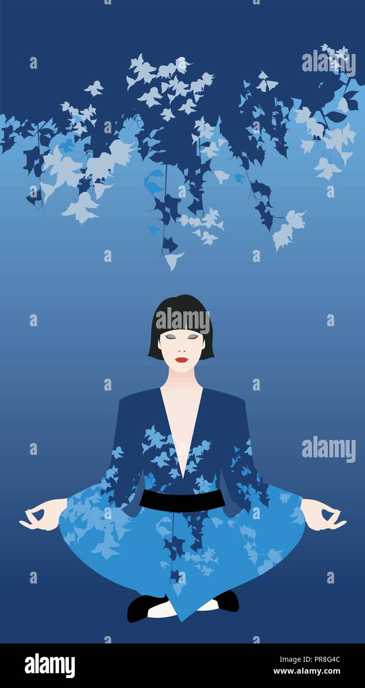 Belle jeune femme orientale portant un kimono faisant du yoga dans le cadre  de fleurs bleues. Calmer et détendre le symbole Image Vectorielle Stock -  Alamy