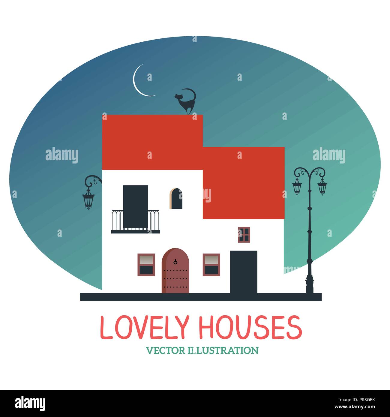 Jolies maisons sous la lune. Vector illustration isolé sur fond blanc. Illustration de Vecteur