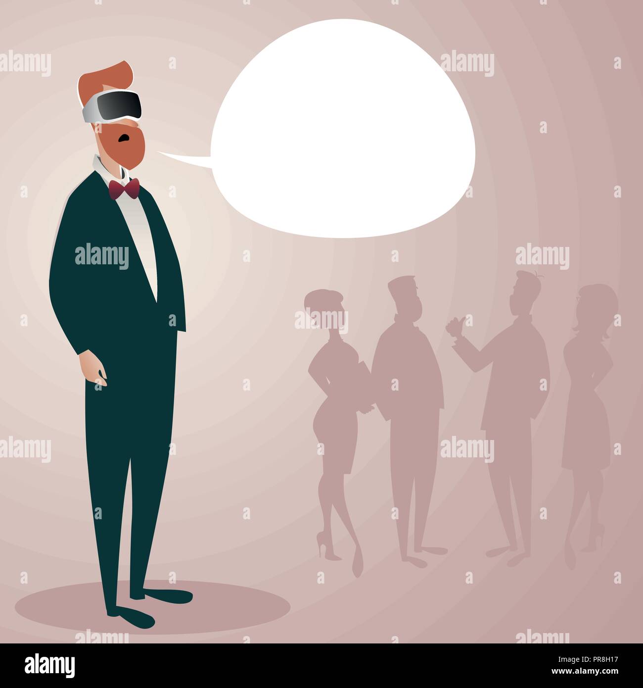 Businessman portant des lunettes de réalité virtuelle 3D'en parler. Bulle. Silhouettes d'une équipe Entreprises dans l'arrière-plan. Vector Illustration Illustration de Vecteur