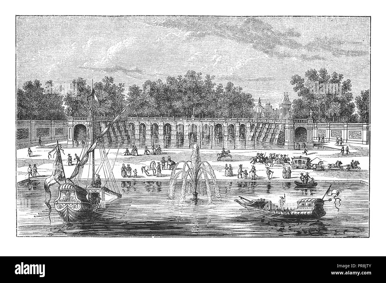 19ème siècle Illustration de vue de l'ancienne cascade de Fontainebleau, France. Dessins originaux publiés dans le magasin Pittoresque par M. A. Lachev est Banque D'Images