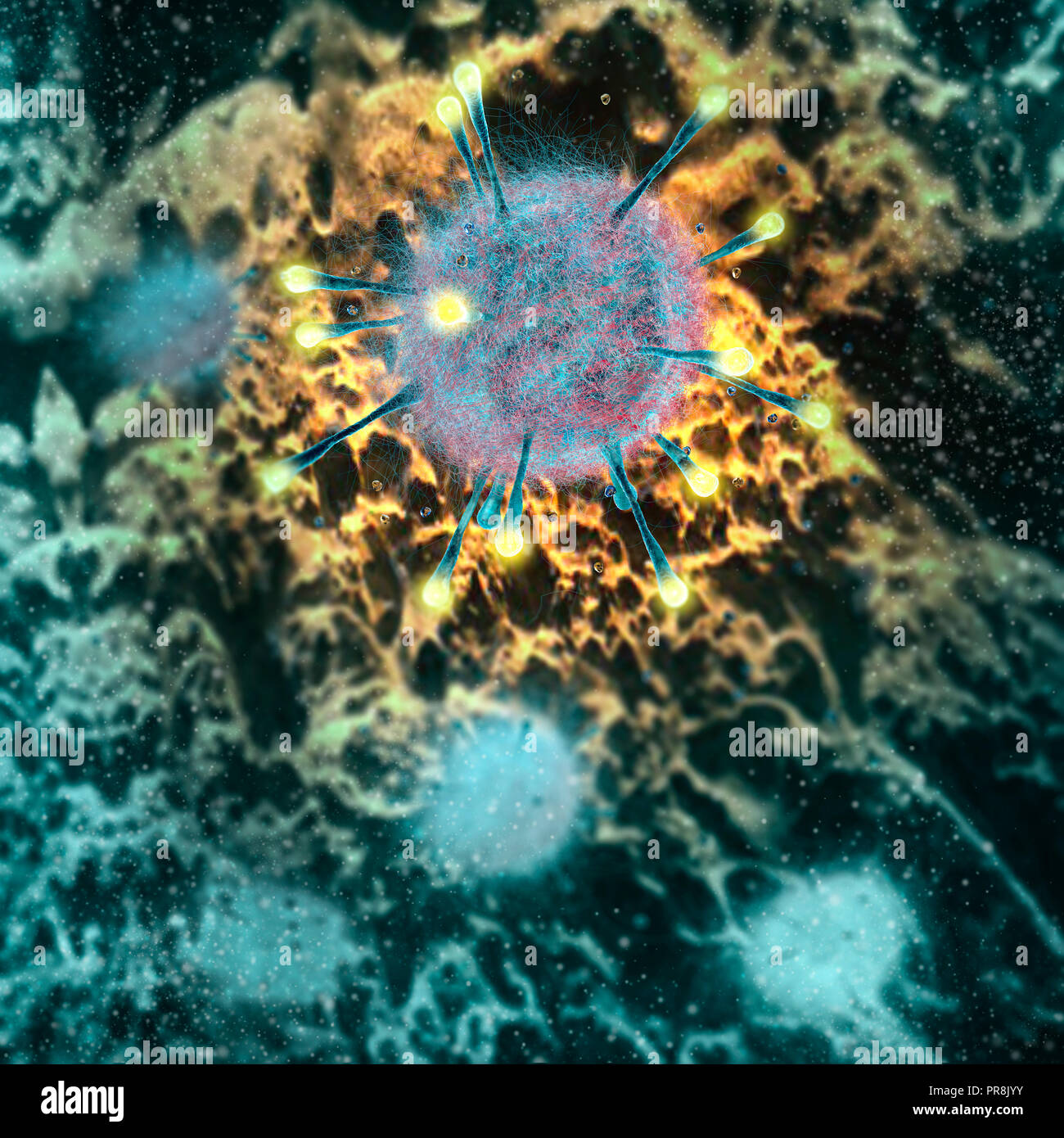 Les virus, micro-organismes, les doubles emplois et la propagation. Formation de bactéries et micro-organismes vu sous un microscope. Le rendu 3D Banque D'Images