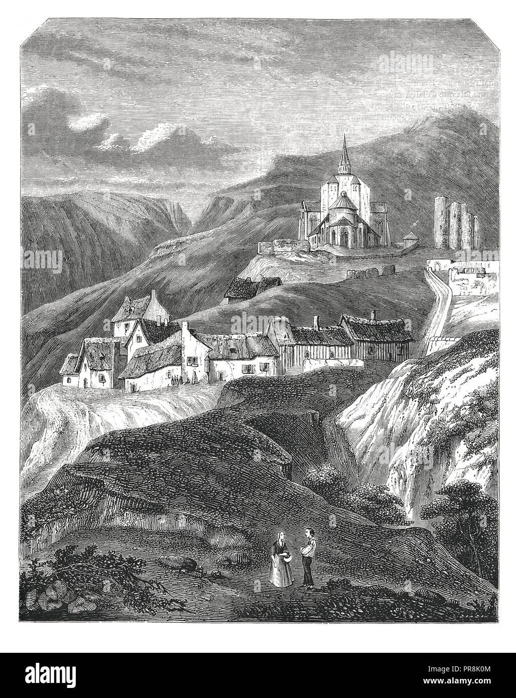 19ème siècle Illustration de vue sur le village de Saint-Nectaire, département du Puy-de-Dôme. Dessins originaux publiés dans le magasin Pittoresque par Banque D'Images