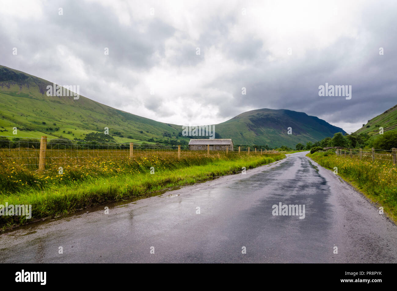 Road to Wasdale Head dans le district du lac un jour de pluie, Cumbria, Royaume-Uni Banque D'Images