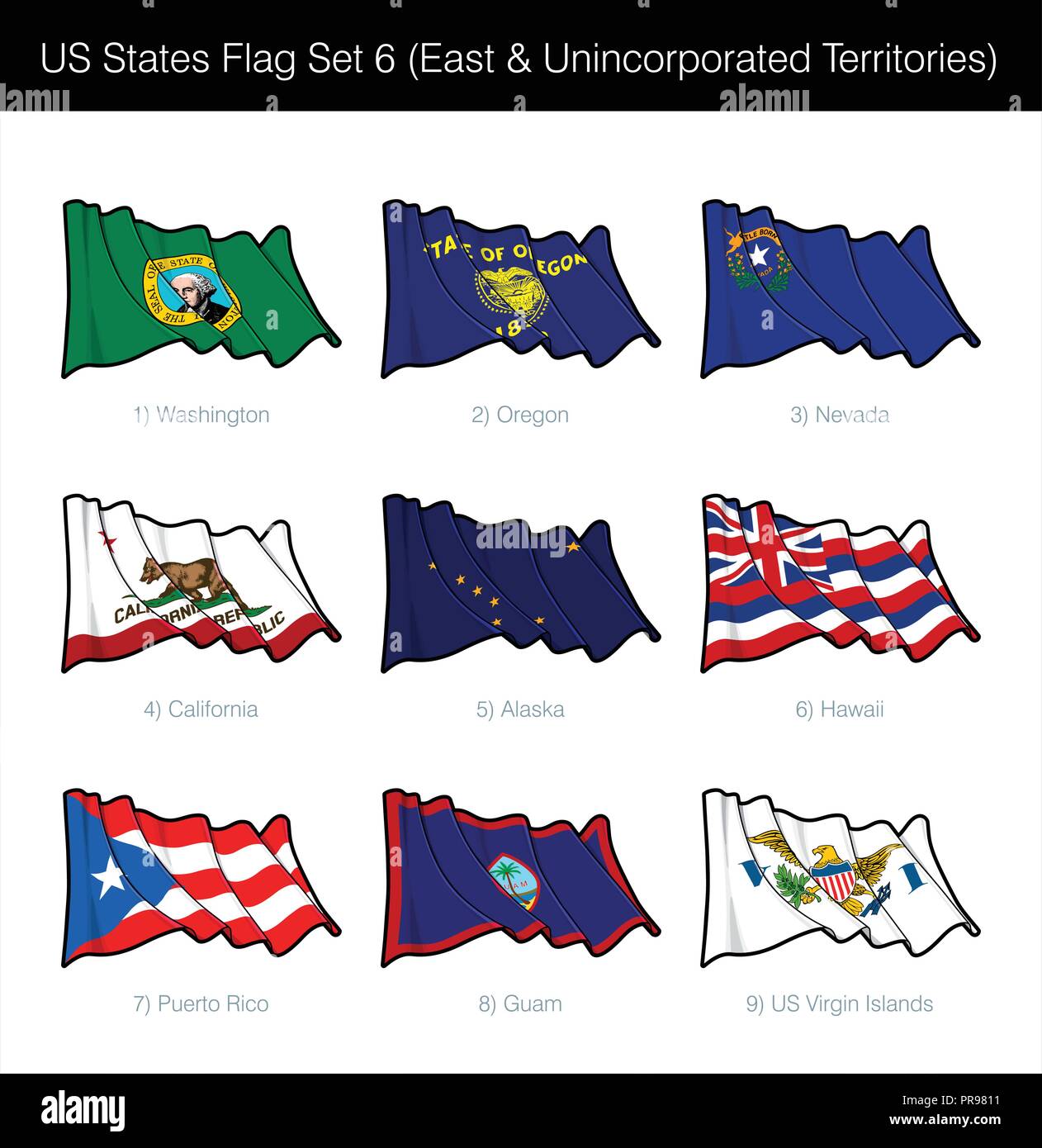 US States Flag Set - à l'Est Membres, Associés et les territoires non constitués en municipalités. L'État de Washington, Oregon, Nevada, Californie, l'Alaska, Hawaï, Puerto Illustration de Vecteur