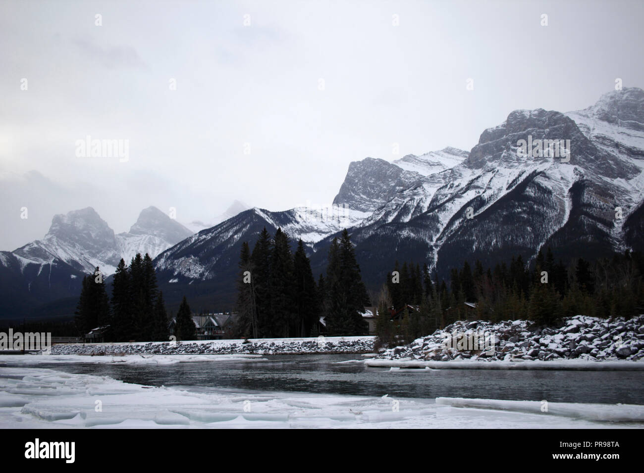 Un jour brumeux à la rivière Bow dans les Rocheuses. Banque D'Images