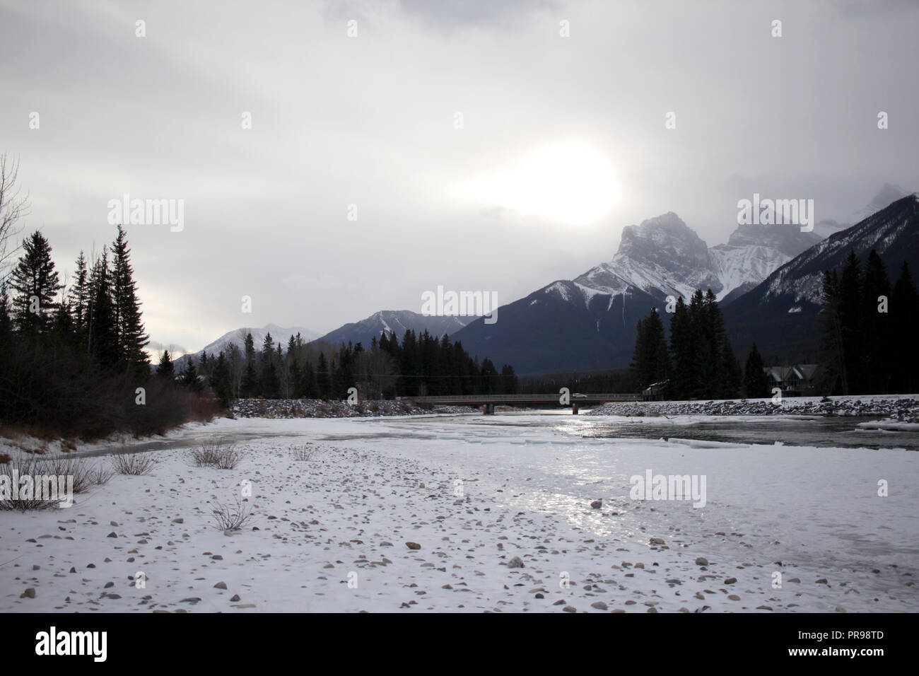 Un jour brumeux à la rivière Bow dans les Rocheuses. Banque D'Images