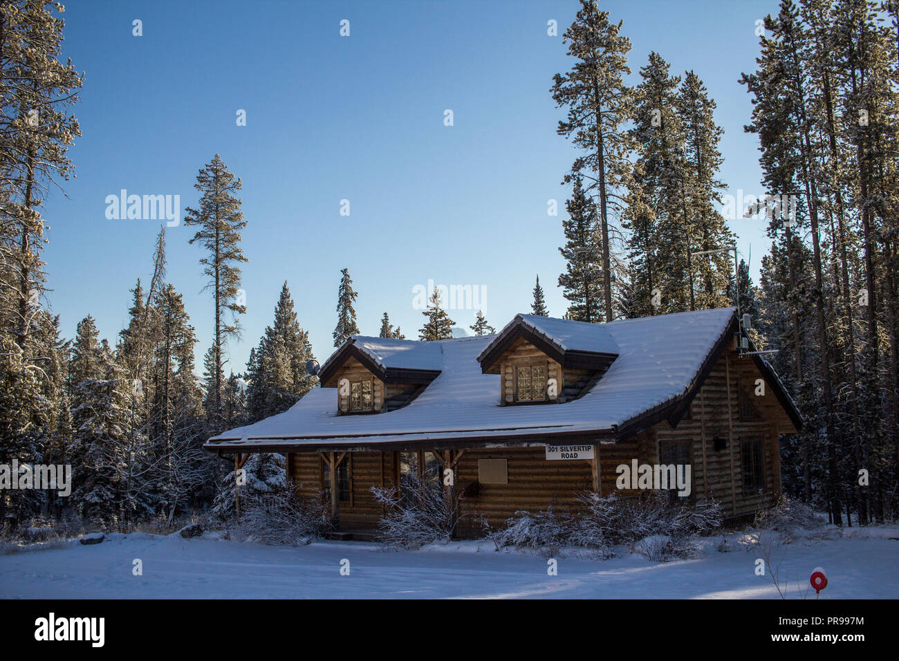 Un chalet en bois dans la forêt d'hiver enneigé. Banque D'Images