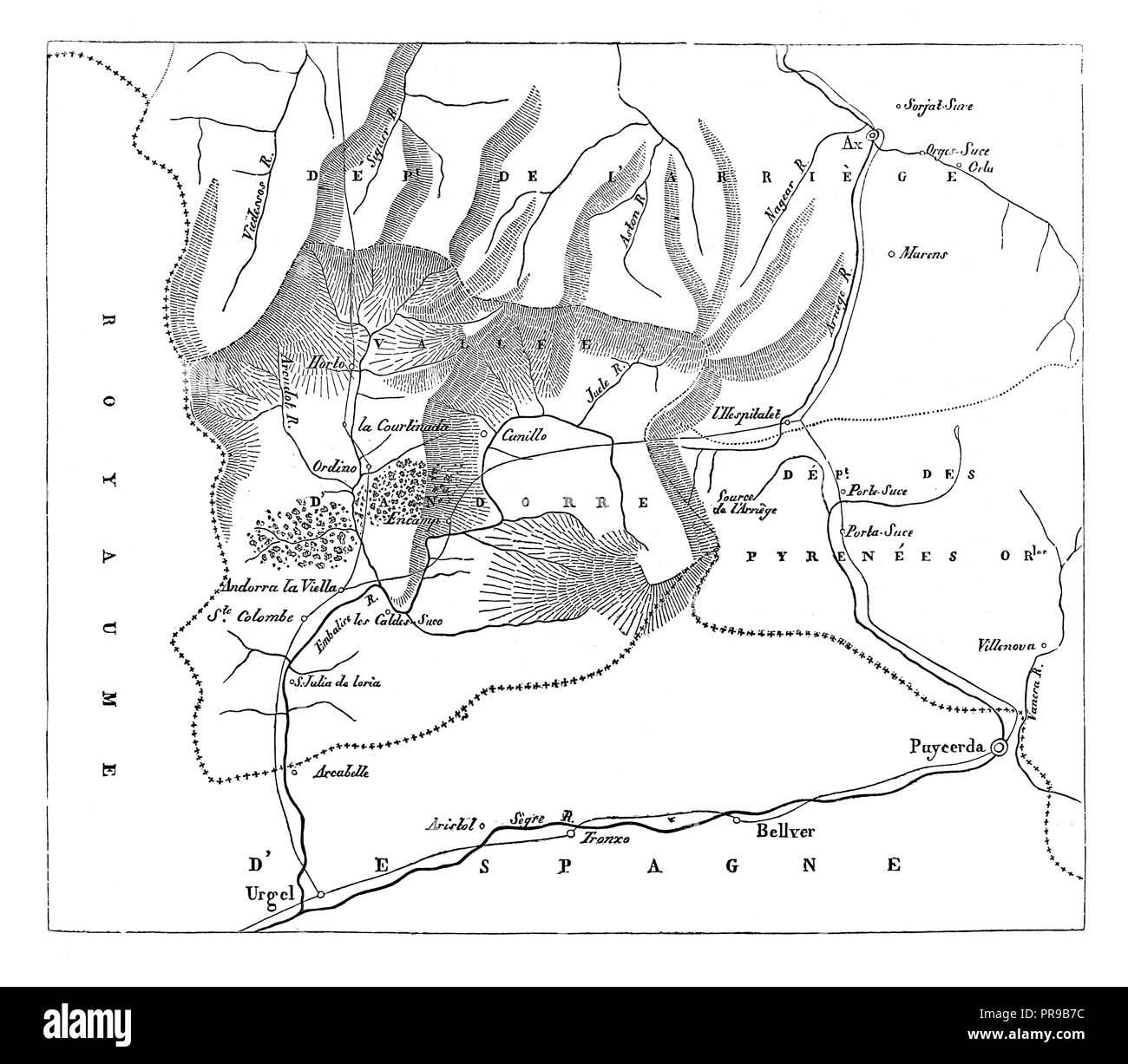 19ème siècle illustration de la carte d'Andorre. Dessins originaux publiés dans le magasin Pittoresque par M. A. Lachevardiere, Paris, 1846. Banque D'Images