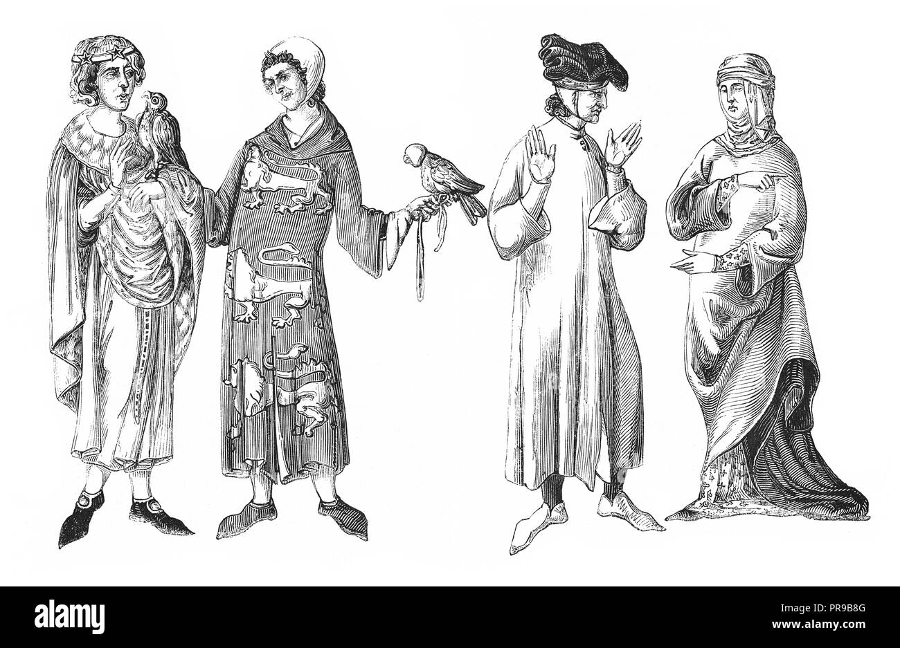 19ème siècle illustration de : Lords. - Après deux miniatures à le règne de Philippe le Bel. Dame bourgeoise et veuve. D'un manuscrit après 1380 (O Banque D'Images