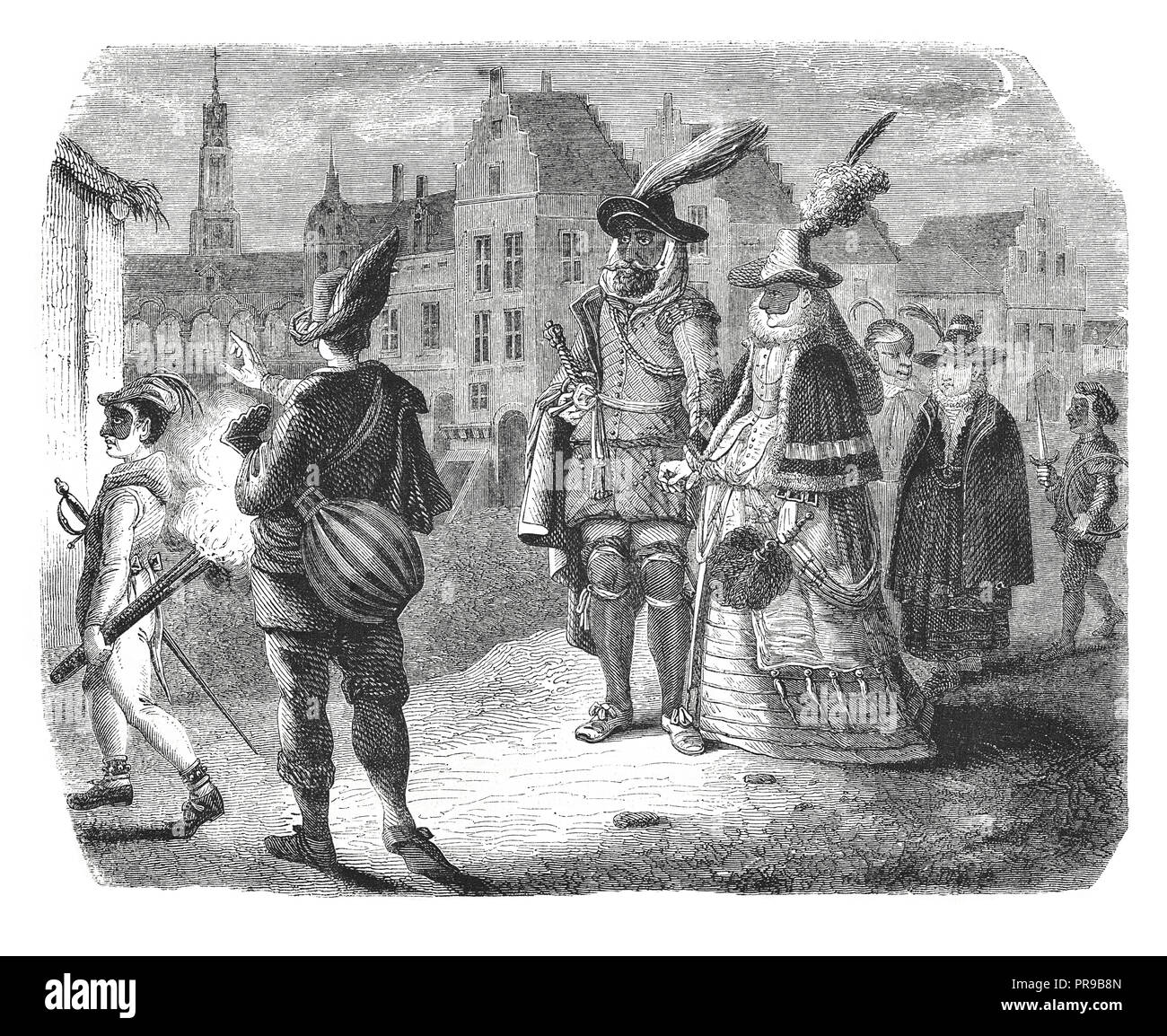 19ème siècle illustration de noble famille le soir dans une ville des Pays-Bas (16ème siècle). Oeuvre originale publiée dans le magasin Pitto Banque D'Images
